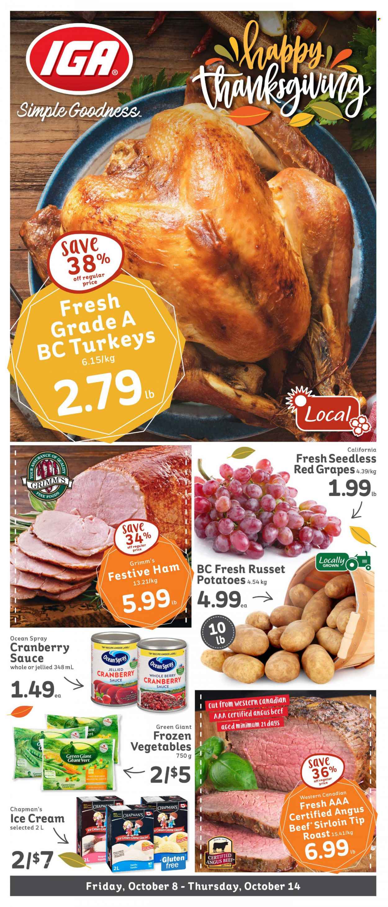IGA Simple Goodness Flyer - October 08, 2021 - October 14, 2021 - Sales products - russet potatoes, potatoes, sauce, ham, ice cream, frozen vegetables, cranberry sauce, beef meat, beef sirloin. Page 1.