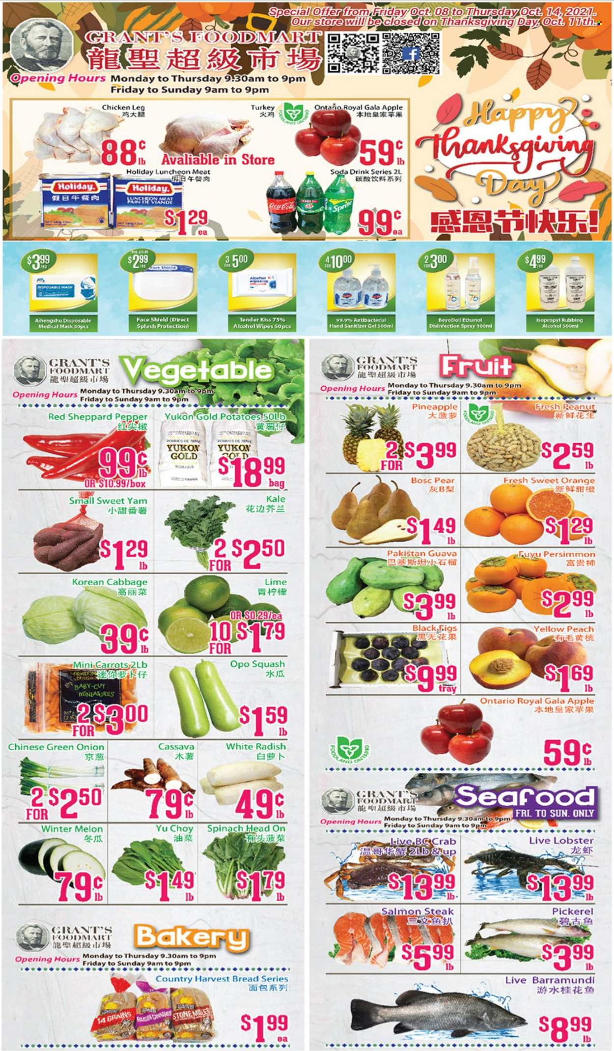 thumbnail - Grant's Foodmart Flyer - October 08, 2021 - October 14, 2021 - Sales products - bread, cabbage, carrots, radishes, spinach, kale, potatoes, onion, white radish, green onion, cassava, figs, Gala, guava, pineapple, pears, persimmons, melons, barramundi, lobster, salmon, walleye, lunch meat, Country Harvest, Fita, Coca-Cola, soda, Grant's, chicken legs, wipes, hand sanitizer, steak, oranges. Page 1.