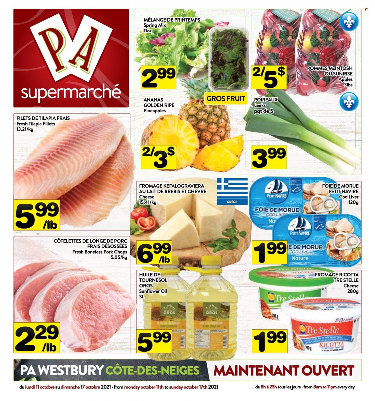 thumbnail - Circulaire PA Supermarché - 11 Octobre 2021 - 17 Octobre 2021 - Produits soldés - poireau, pommes, ananas, morue, Petit Navire, fromage, ricotta, huile. Page 1.