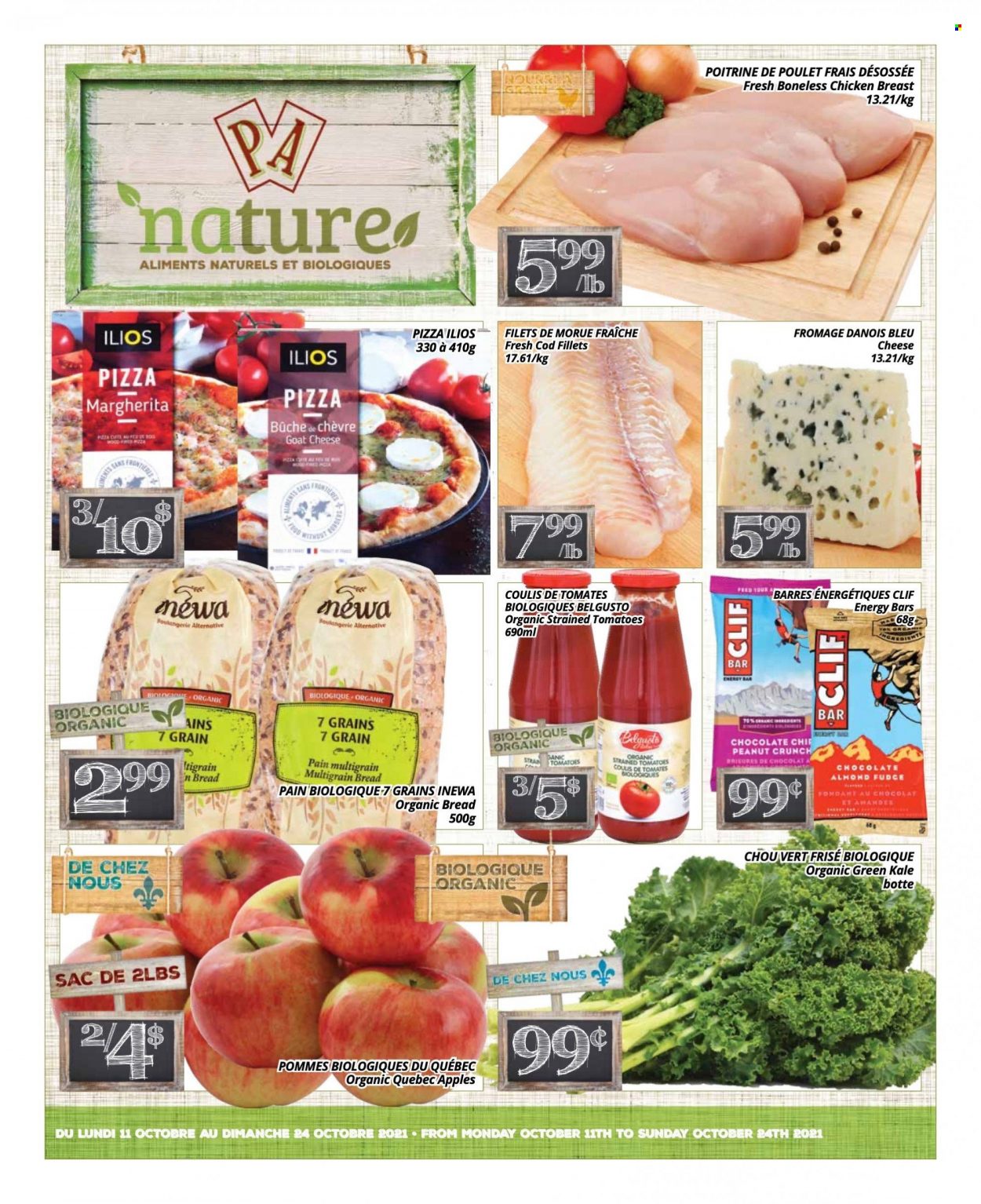 thumbnail - PA Nature Flyer - October 11, 2021 - October 24, 2021 - Sales products - bread, multigrain bread, kale, apples, cod, pizza, chocolate, energy bar, chicken breasts, chicken. Page 1.