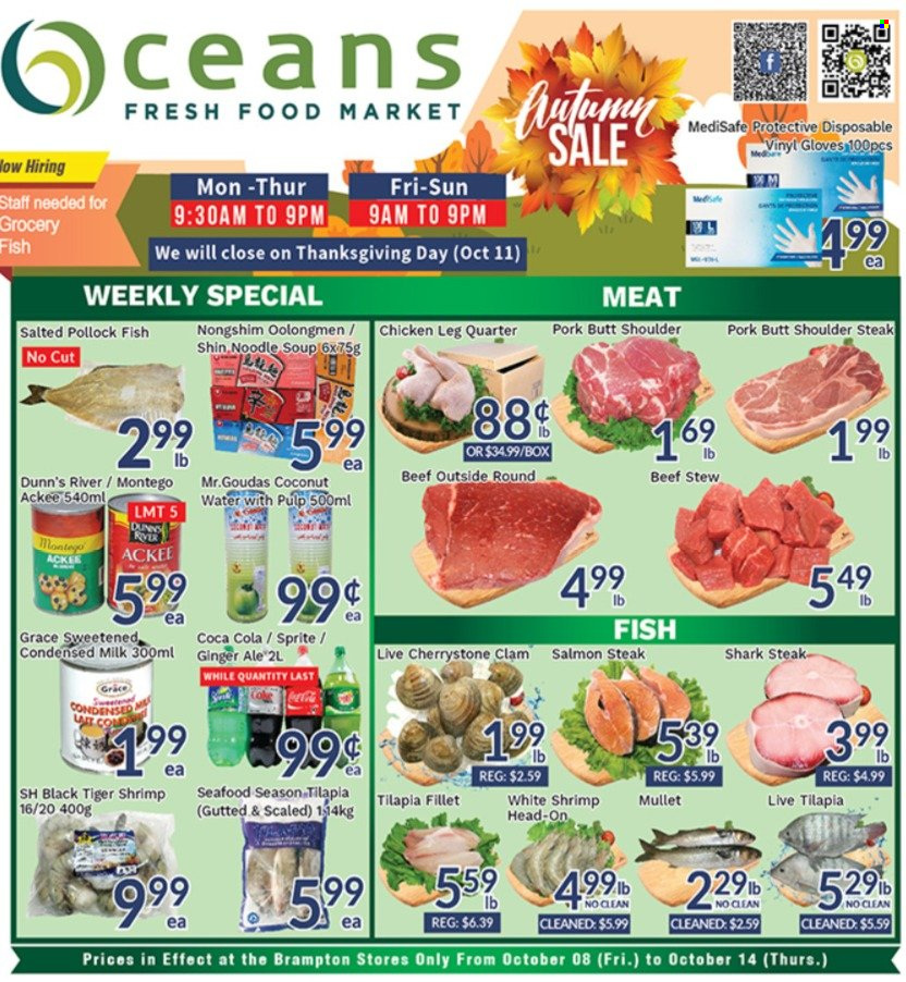 thumbnail - Oceans Flyer - October 08, 2021 - October 14, 2021 - Sales products - clams, salmon, tilapia, pollock, seafood, fish, shrimps, mullet, soup, noodles cup, noodles, milk, condensed milk, Coca-Cola, ginger ale, Sprite, coconut water, chicken legs, gloves, steak. Page 1.