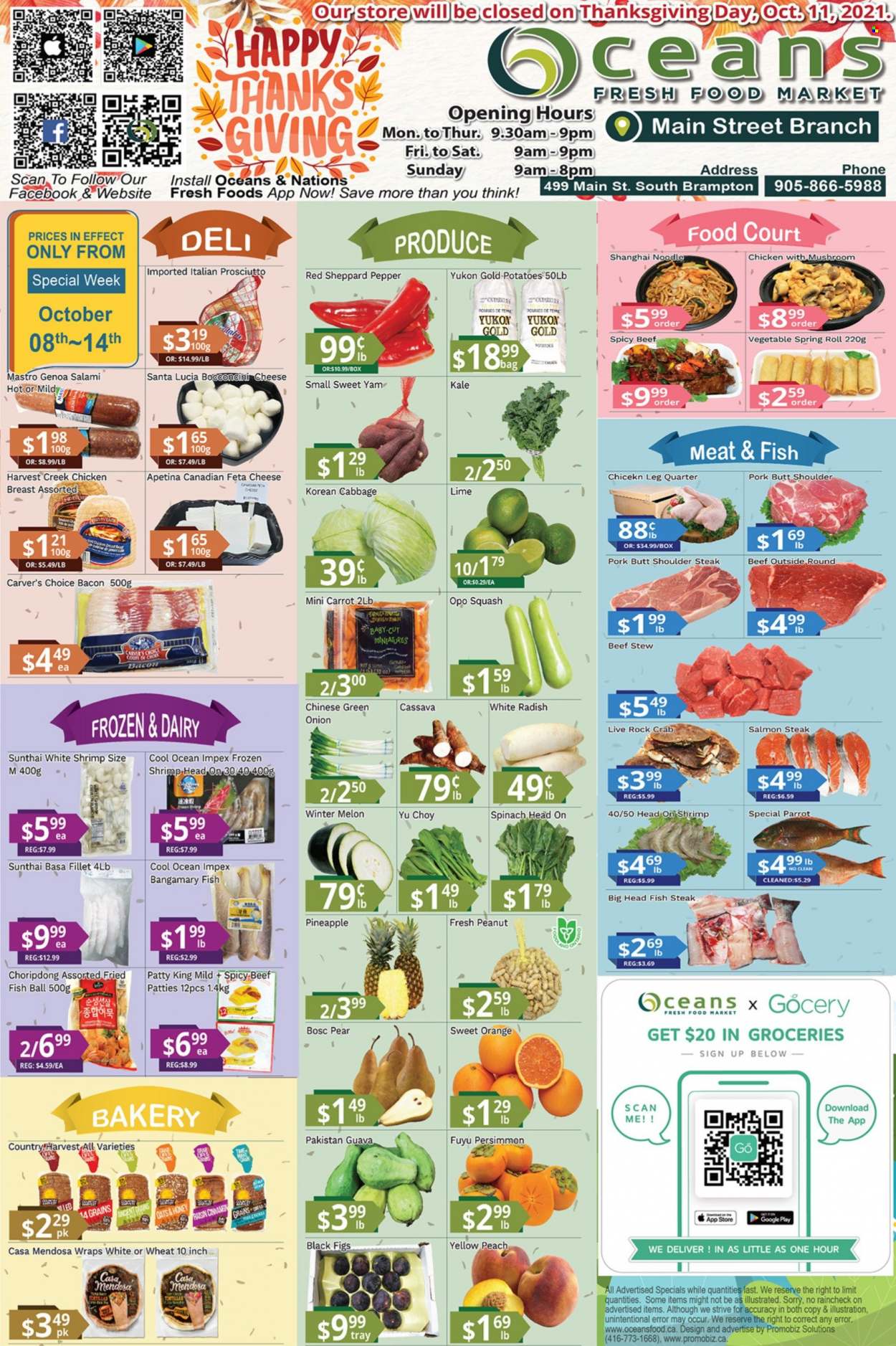 thumbnail - Oceans Flyer - October 08, 2021 - October 14, 2021 - Sales products - tortillas, wraps, cabbage, radishes, spinach, kale, potatoes, onion, white radish, cassava, figs, guava, pineapple, pears, persimmons, melons, salmon, crab, shrimps, fish steak, fried fish, noodles, bacon, salami, prosciutto, bocconcini, cheese, feta, Country Harvest, Santa, honey, chicken breasts, chicken, steak, oranges. Page 1.