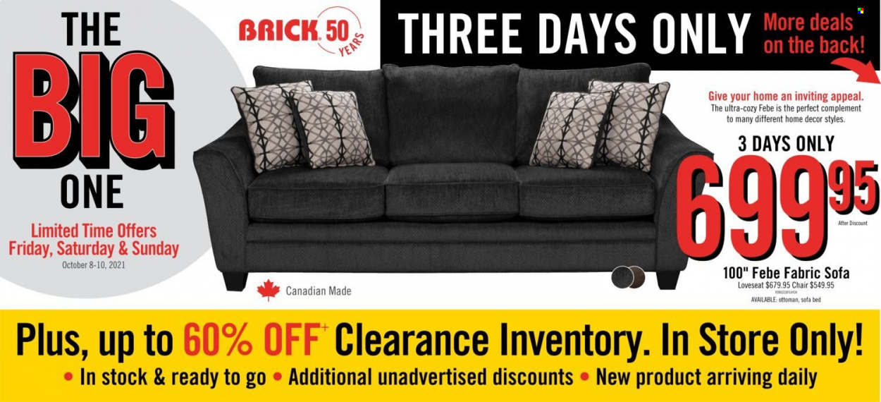 thumbnail - The Brick Flyer - October 08, 2021 - October 10, 2021 - Sales products - chair, loveseat, sofa, sofa bed, ottoman, bed. Page 1.