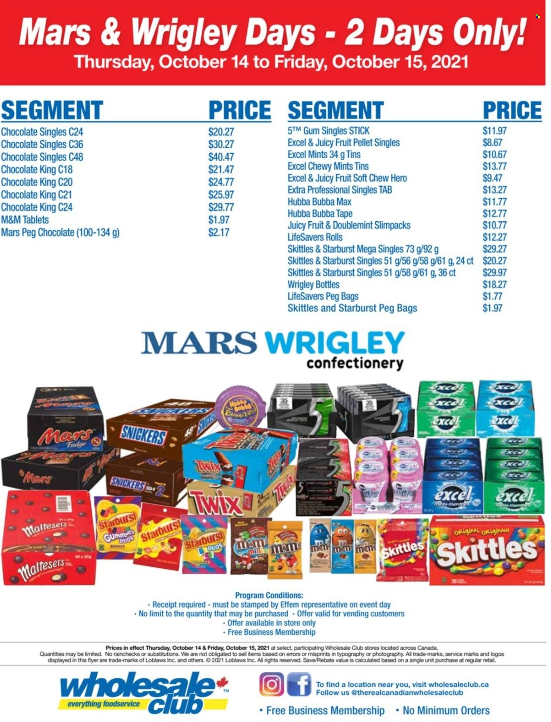 thumbnail - Wholesale Club Flyer - October 14, 2021 - October 15, 2021 - Sales products - fudge, chocolate, Snickers, Mars, Skittles, Starburst, bag, M&M's. Page 1.
