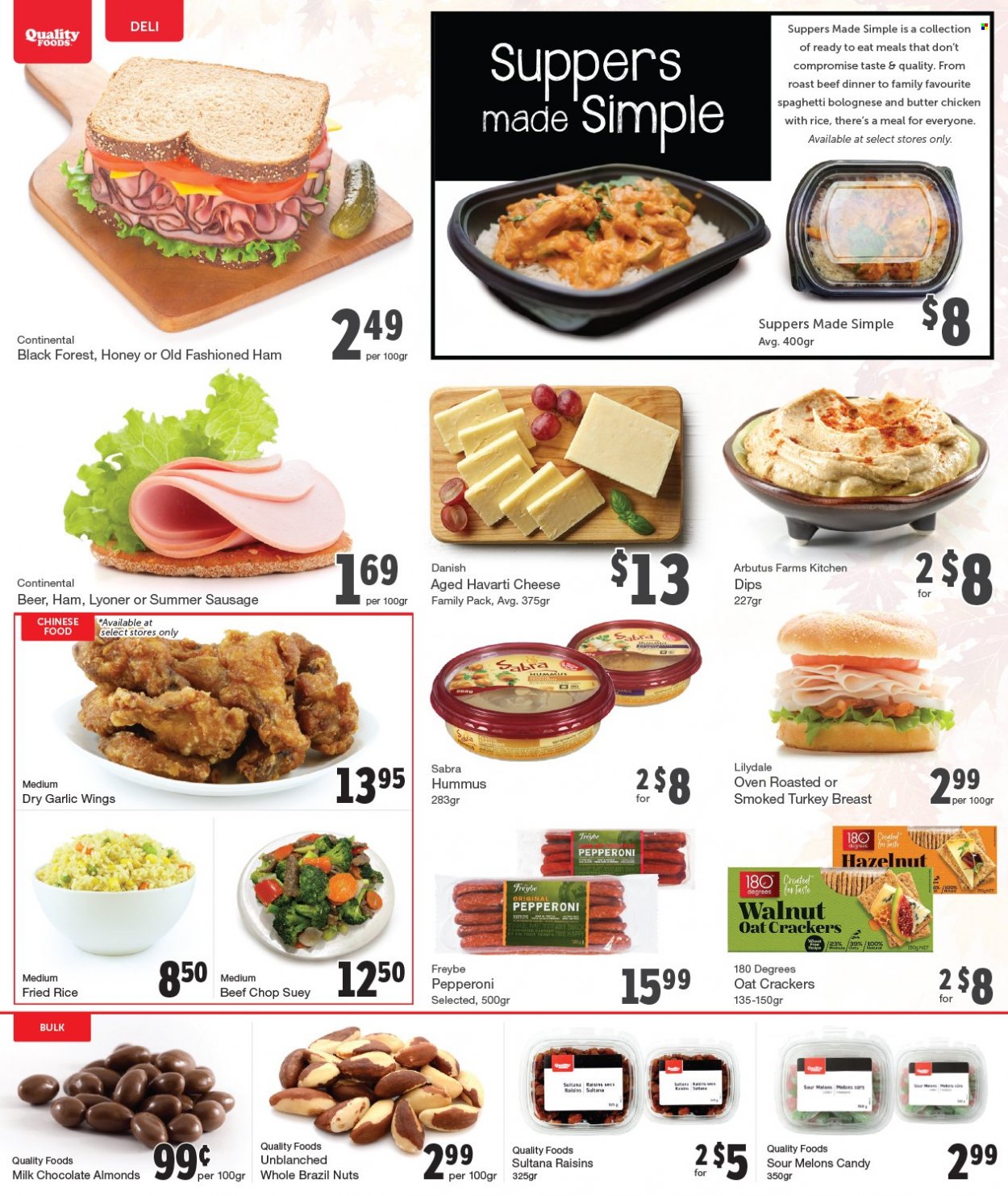 thumbnail - Quality Foods Flyer - October 11, 2021 - October 17, 2021 - Sales products - garlic, melons, spaghetti, Continental, ham, sausage, summer sausage, pepperoni, hummus, Havarti, cheese, milk chocolate, chocolate, crackers, oats, dried fruit, brazil nuts, beer, turkey, beef meat, roast beef, raisins. Page 5.