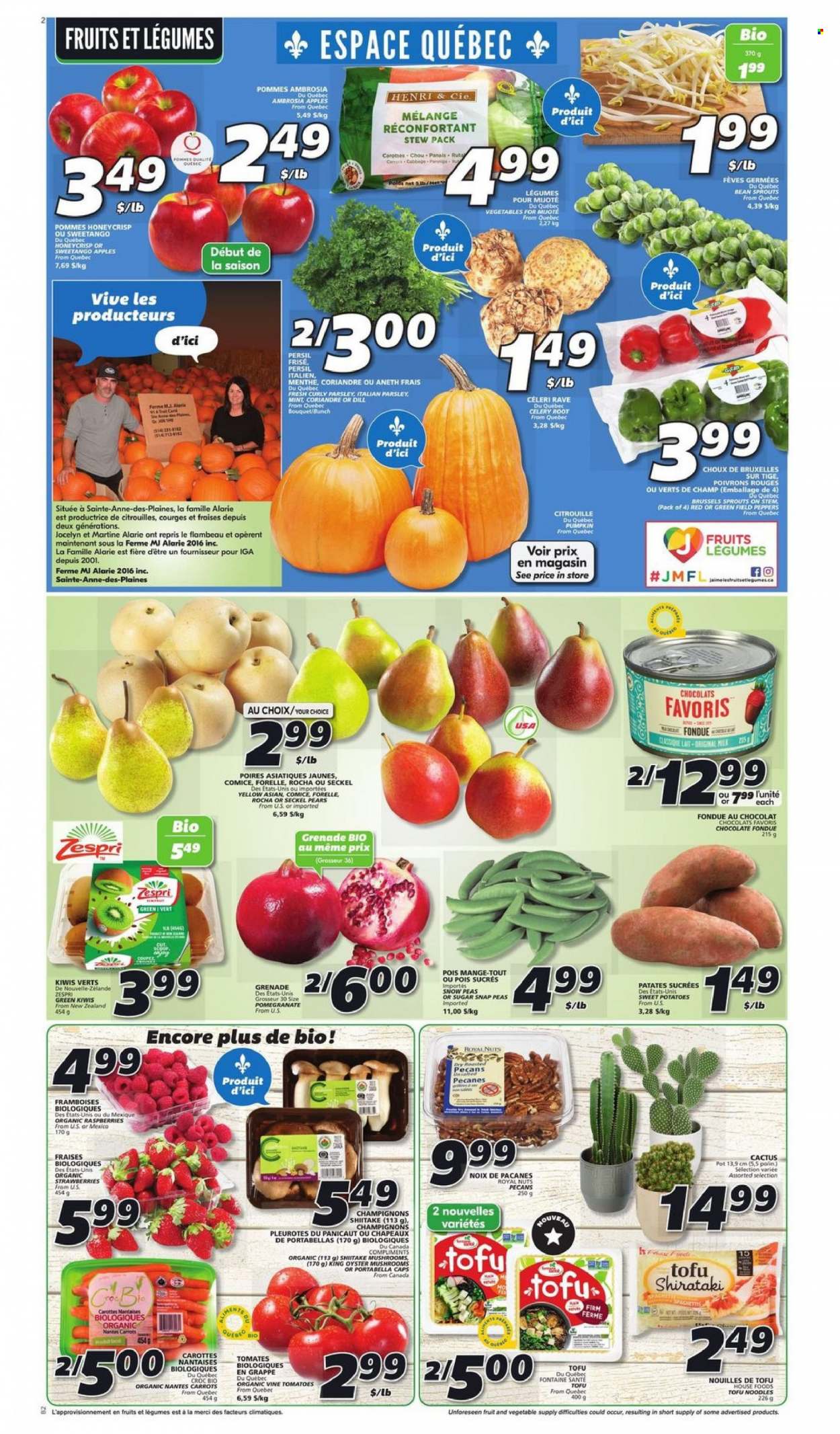 thumbnail - IGA Flyer - October 14, 2021 - October 20, 2021 - Sales products - oyster mushrooms, mushrooms, carrots, celery, sweet potato, potatoes, pumpkin, parsley, parsnips, peas, peppers, brussel sprouts, apples, pears, pomegranate, oysters, noodles, tofu, milk, snap peas, snow peas, chocolate, Merci, dill, pecans, bean sprouts, kiwi. Page 3.