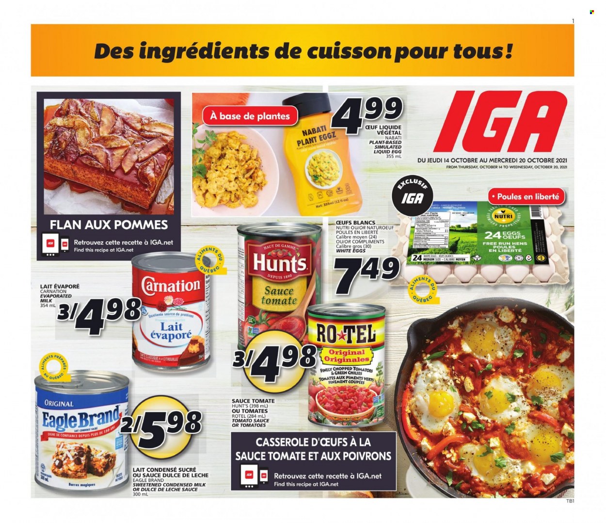 thumbnail - IGA Flyer - October 14, 2021 - October 20, 2021 - Sales products - tomatoes, evaporated milk, condensed milk, eggs, tomato sauce, chopped tomatoes. Page 1.