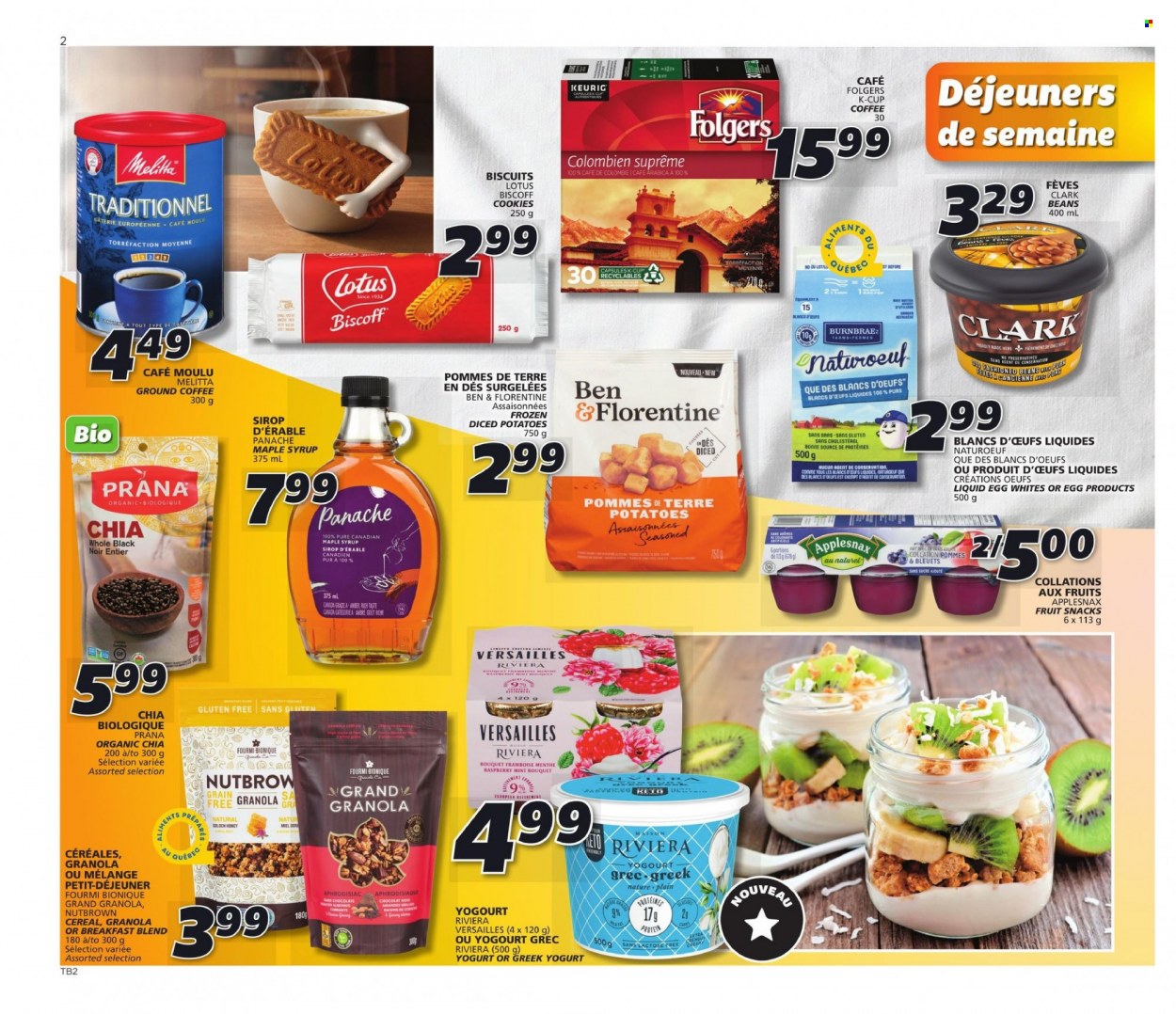 thumbnail - IGA Flyer - October 14, 2021 - October 20, 2021 - Sales products - potatoes, diced potatoes, greek yoghurt, yoghurt, cookies, biscuit, fruit snack, cereals, maple syrup, honey, syrup, coffee, Folgers, ground coffee, coffee capsules, K-Cups, Keurig, breakfast blend, granola. Page 2.