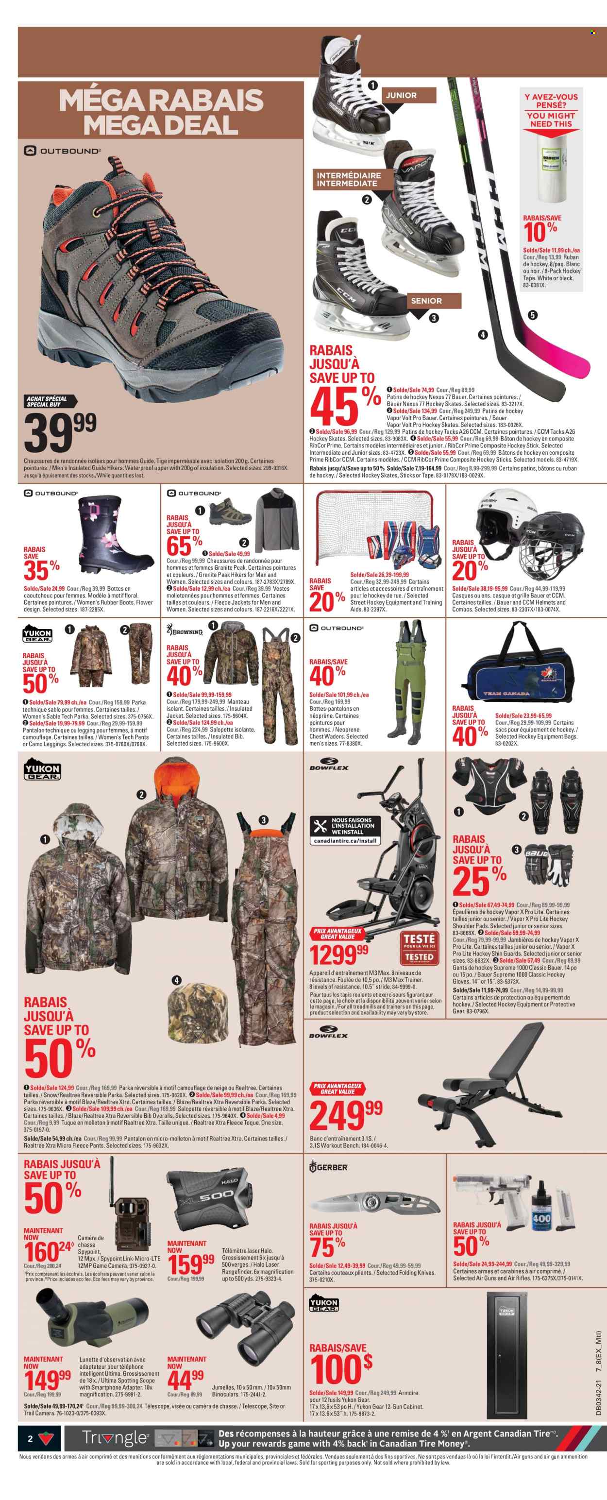 thumbnail - Canadian Tire Flyer - October 14, 2021 - October 20, 2021 - Sales products - XTRA, bag, knife, eraser, cabinet, bench, boots, hiking shoes, trainers, hockey skates, skates, binoculars, rangefinder, rifle, trail cam, gun, scope, bib, rubber boots, camera, parka. Page 2.
