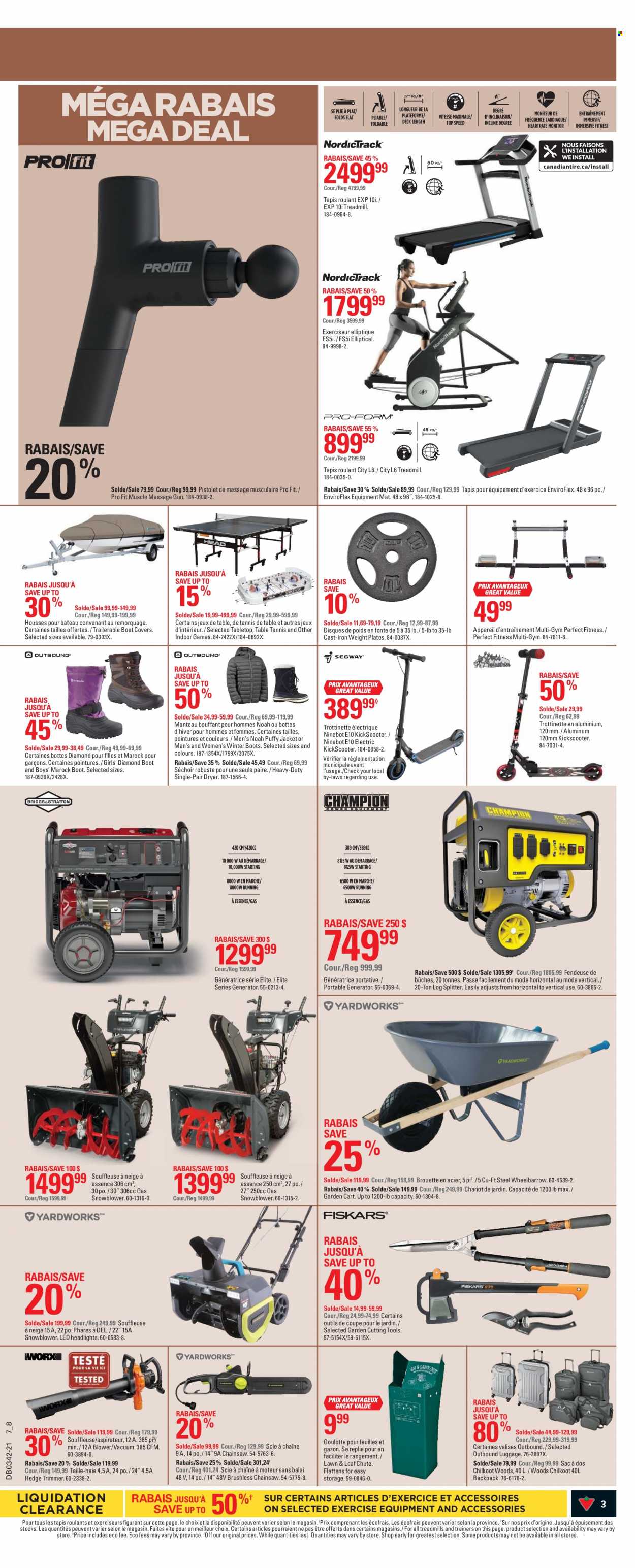 thumbnail - Canadian Tire Flyer - October 14, 2021 - October 20, 2021 - Sales products - plate, iron, trimmer, table, boots, winter boots, trainers, treadmill, boat cover, gun, chain saw, snow blower, hedge trimmer, log splitter, blower, wheelbarrow, cart, generator, garden cart. Page 3.