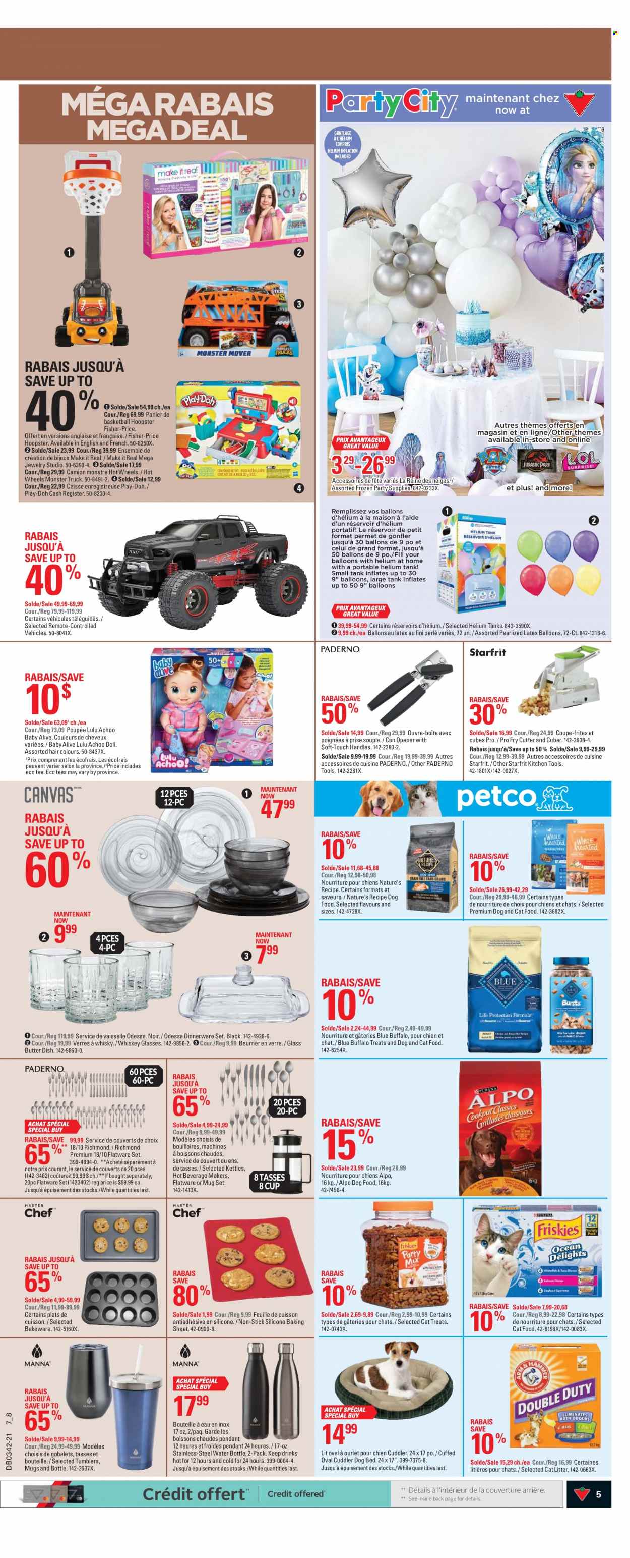 thumbnail - Canadian Tire Flyer - October 14, 2021 - October 20, 2021 - Sales products - Hot Wheels, dinnerware set, flatware, flatware set, mug, tumbler, drink bottle, cup, bakeware, kitchen tools, cutter, balloons, party supplies, cat litter, dog bed, tank, animal food, Blue Buffalo, cat food, dog food, Alpo, bed, basketball, doll, Monster, Fisher-Price, Play-doh. Page 5.
