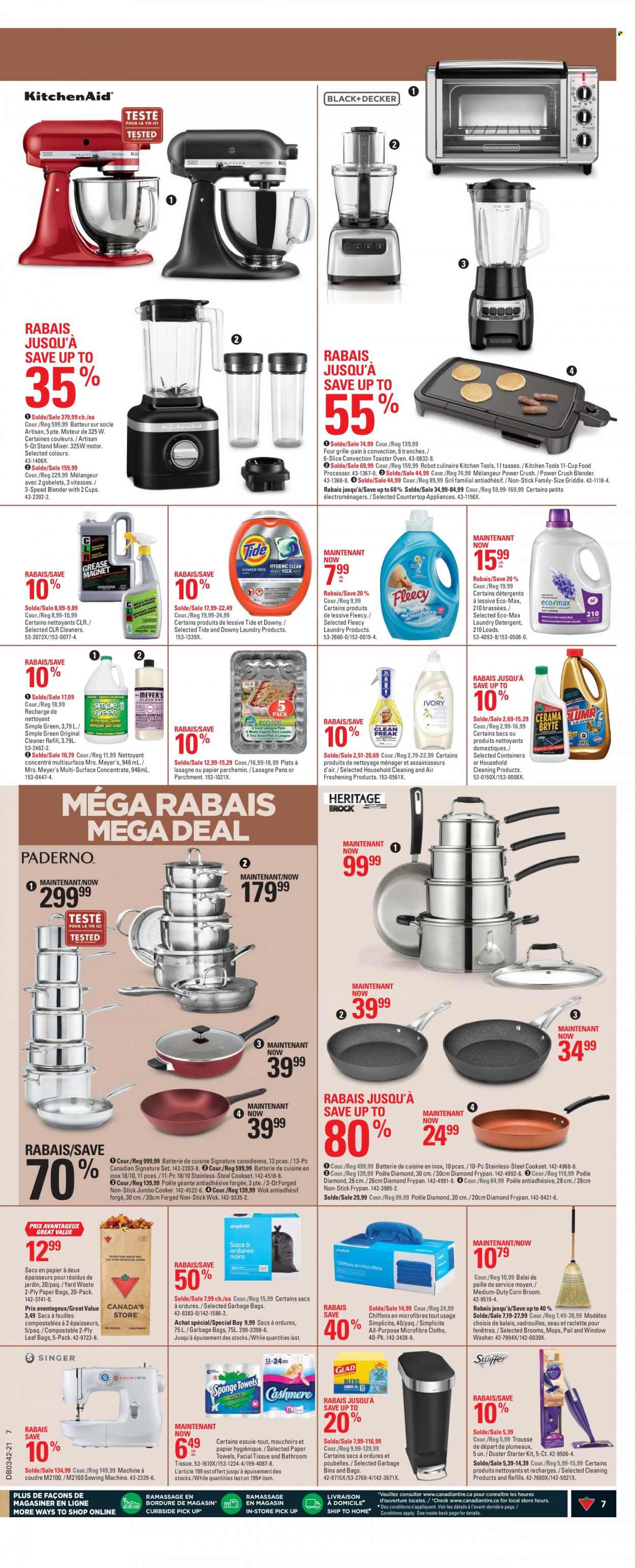 thumbnail - Canadian Tire Flyer - October 14, 2021 - October 20, 2021 - Sales products - bath tissue, cleaner, Tide, laundry detergent, Downy Laundry, bag, duster, broom, wok, frying pan, kitchen tools, paper, towel, washing machine, mixer, stand mixer, food processor, sewing machine, blender, detergent, robot. Page 7.