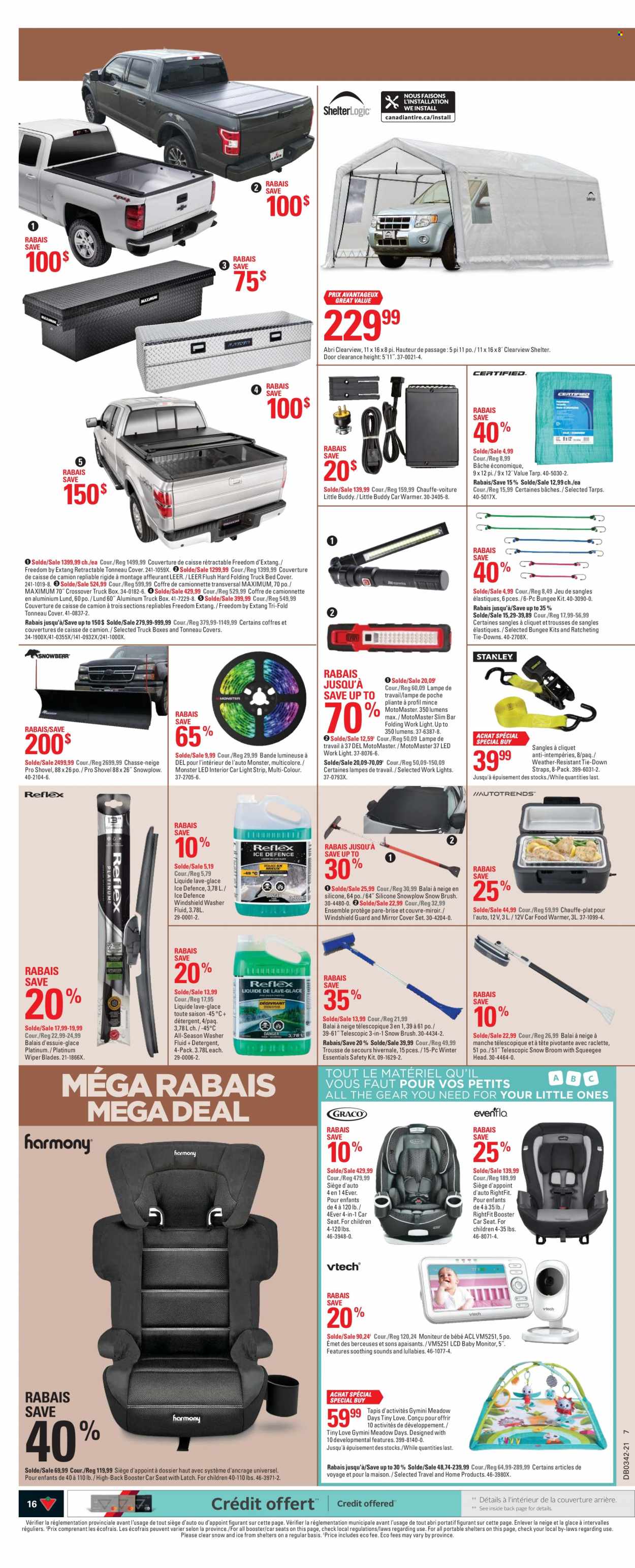 thumbnail - Canadian Tire Flyer - October 14, 2021 - October 20, 2021 - Sales products - broom, quilt cover set, washing machine, food warmer, baby monitor, bed, mirror, tarps, Monster, Tiny Love, baby car seat, light strip, work light, shovel, wiper blades, truck box, washer fluid, detergent. Page 16.