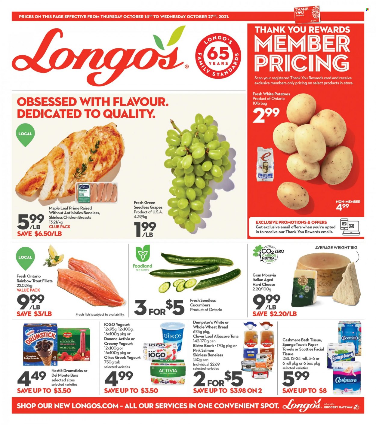 thumbnail - Longo's Flyer - October 14, 2021 - October 27, 2021 - Sales products - wheat bread, brownies, cucumber, potatoes, grapes, seedless grapes, strawberries, salmon, trout, tuna, fish, cheese, Clover, Activia, Oikos, fudge, chocolate, chicken breasts, bath tissue, kitchen towels, paper towels, Danone, Nestlé. Page 1.