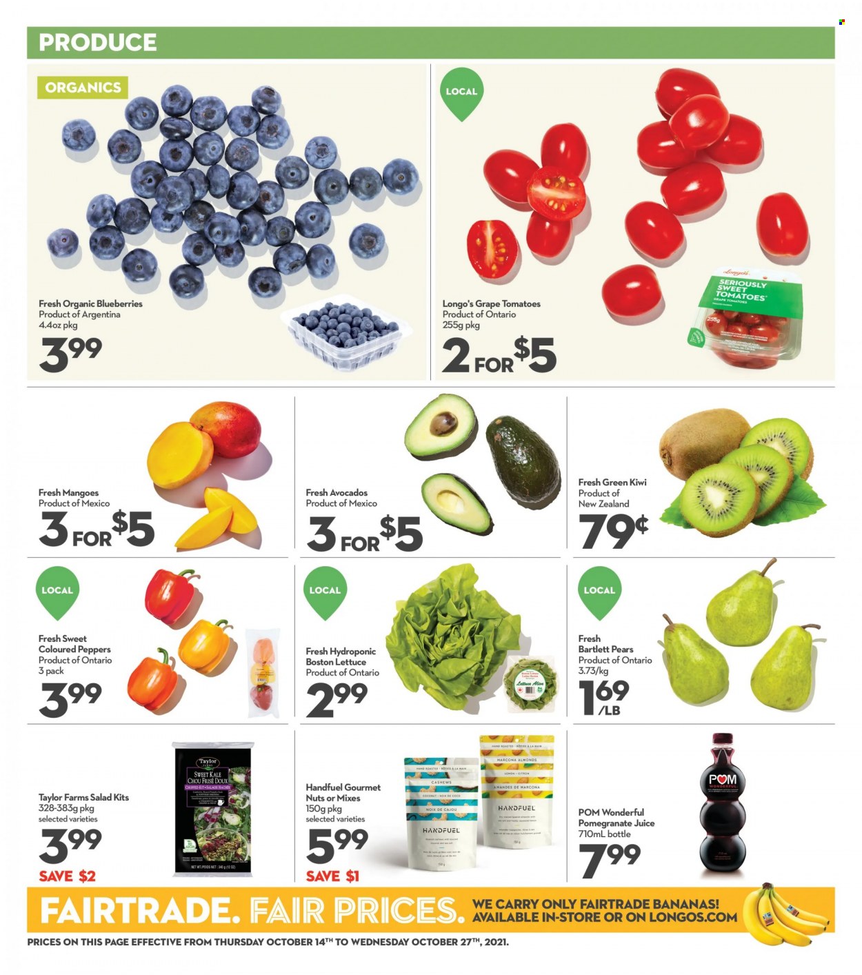 thumbnail - Longo's Flyer - October 14, 2021 - October 27, 2021 - Sales products - tomatoes, kale, lettuce, salad, peppers, avocado, bananas, Bartlett pears, pears, coconut, pomegranate, almonds, cashews, juice, kiwi. Page 5.