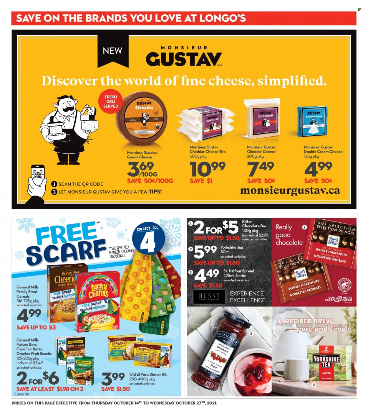 thumbnail - Longo's Flyer - October 14, 2021 - October 27, 2021 - Sales products - Old El Paso, dinner kit, cream cheese, gouda, cheddar, cheese, milk chocolate, dark chocolate, Ritter Sport, fruit snack, chocolate bar, cocoa, cereals, Cheerios, protein bar, Nature Valley, hazelnuts, tea bags. Page 15.