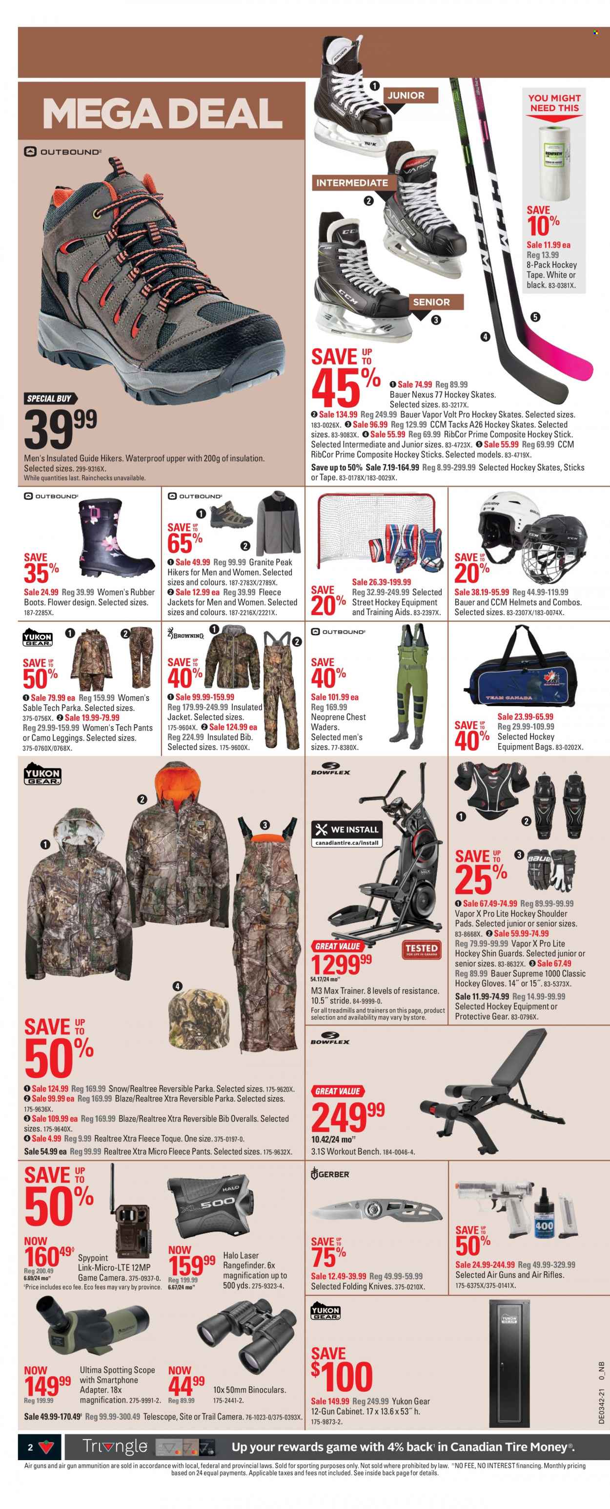 thumbnail - Canadian Tire Flyer - October 15, 2021 - October 21, 2021 - Sales products - XTRA, bag, knife, eraser, cabinet, bench, boots, hiking shoes, trainers, hockey skates, skates, binoculars, rangefinder, rifle, trail cam, gun, scope, bib, rubber boots, camera, parka. Page 2.