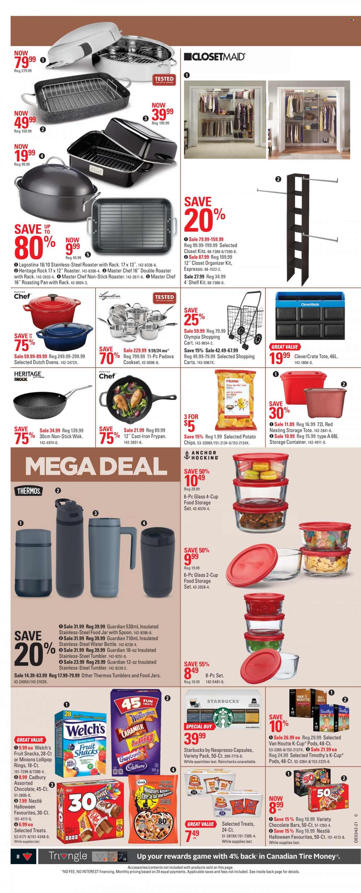 thumbnail - Canadian Tire Flyer - October 15, 2021 - October 21, 2021 - Sales products - spoon, tumbler, wok, drink bottle, frying pan, container, storage container set, jar, storage box, Minions, Nespresso, roaster, iron, shelves, closet system, Halloween, cart, storage tote. Page 8.