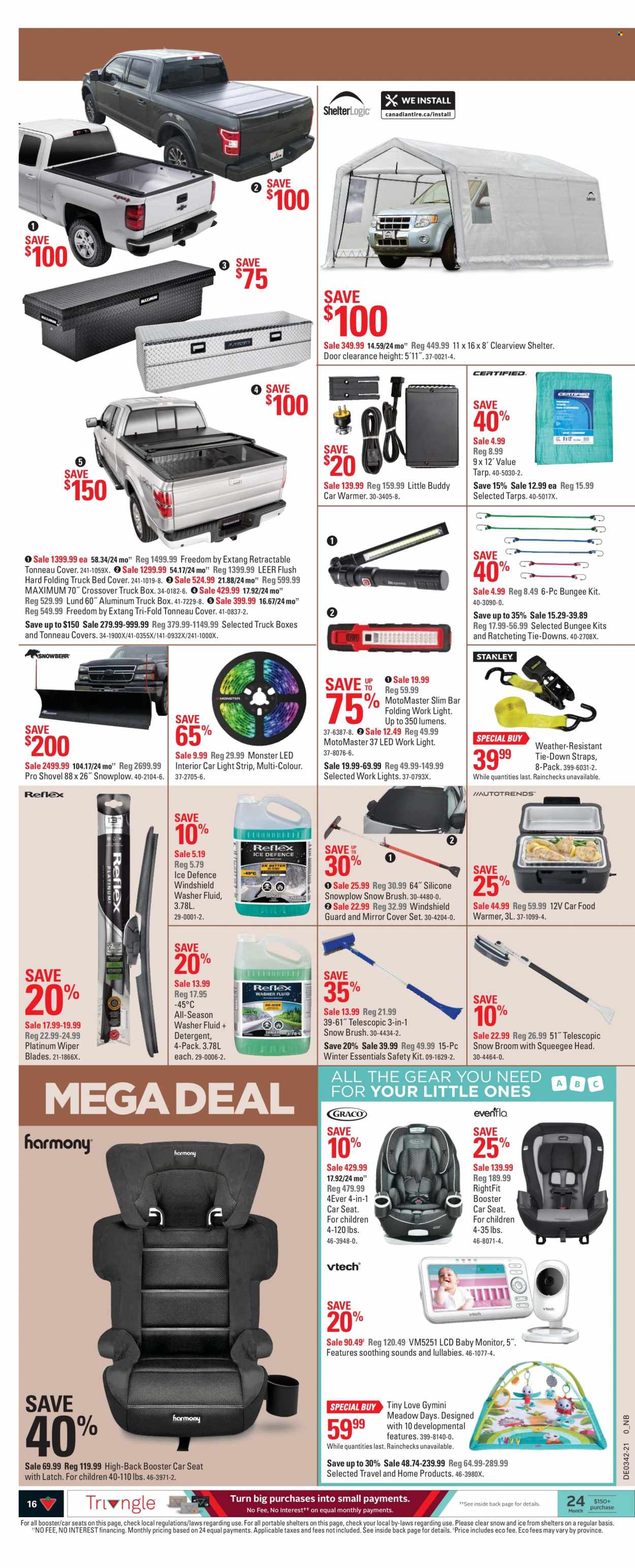 thumbnail - Canadian Tire Flyer - October 15, 2021 - October 21, 2021 - Sales products - broom, quilt cover set, washing machine, food warmer, baby monitor, bed, mirror, tarps, Monster, Tiny Love, baby car seat, light strip, work light, shovel, wiper blades, truck box, washer fluid, detergent. Page 16.