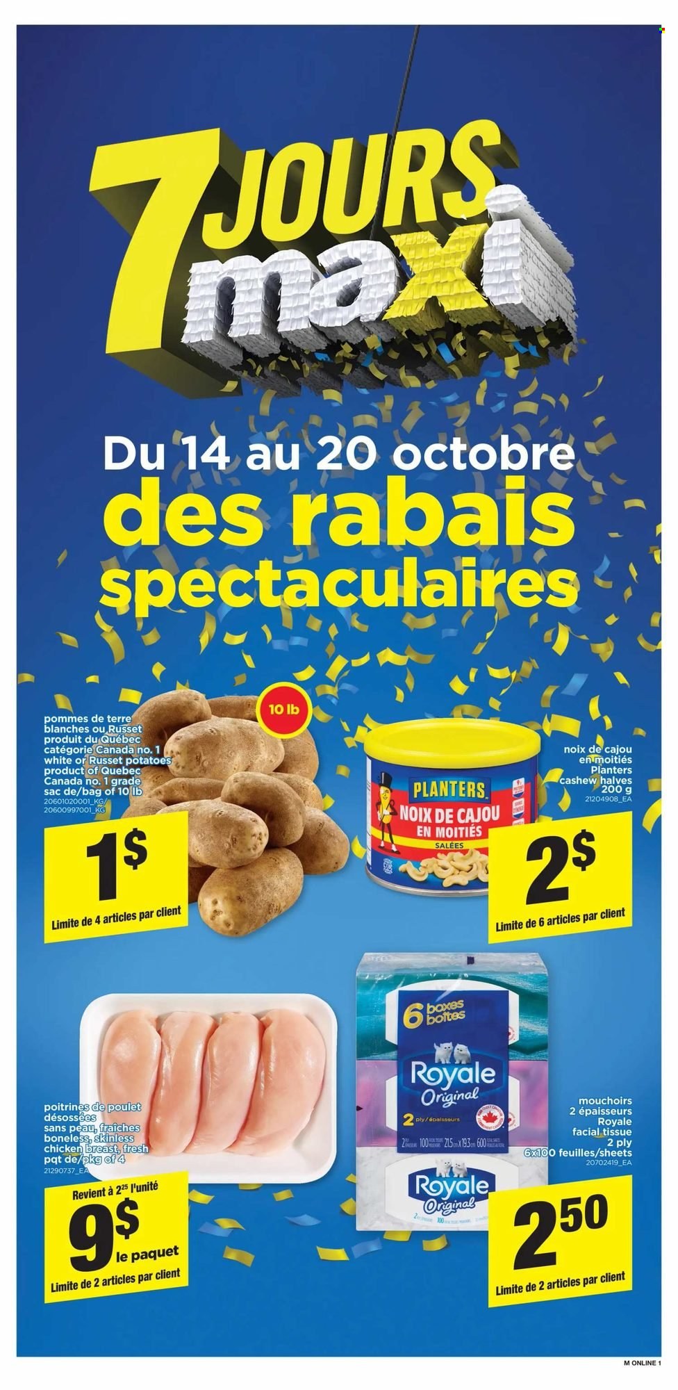 thumbnail - Maxi Flyer - October 14, 2021 - October 20, 2021 - Sales products - russet potatoes, potatoes, Planters, chicken breasts, chicken, tissues. Page 1.