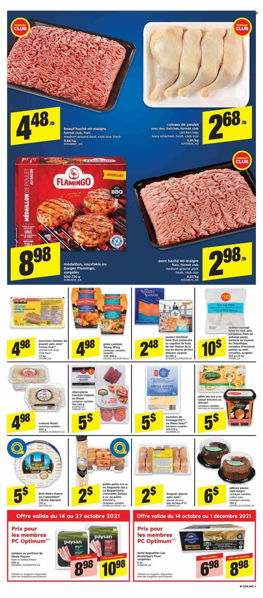 thumbnail - Maxi & Cie Flyer - October 14, 2021 - October 20, 2021 - Sales products - cake, croissant, donut, coffee cake, pangasius, hot dog, hamburger, sauce, bacon, ham, brie, rosé wine, turkey breast, chicken legs, chicken, turkey, beef meat, ground beef, ground pork, baguette, camembert. Page 5.