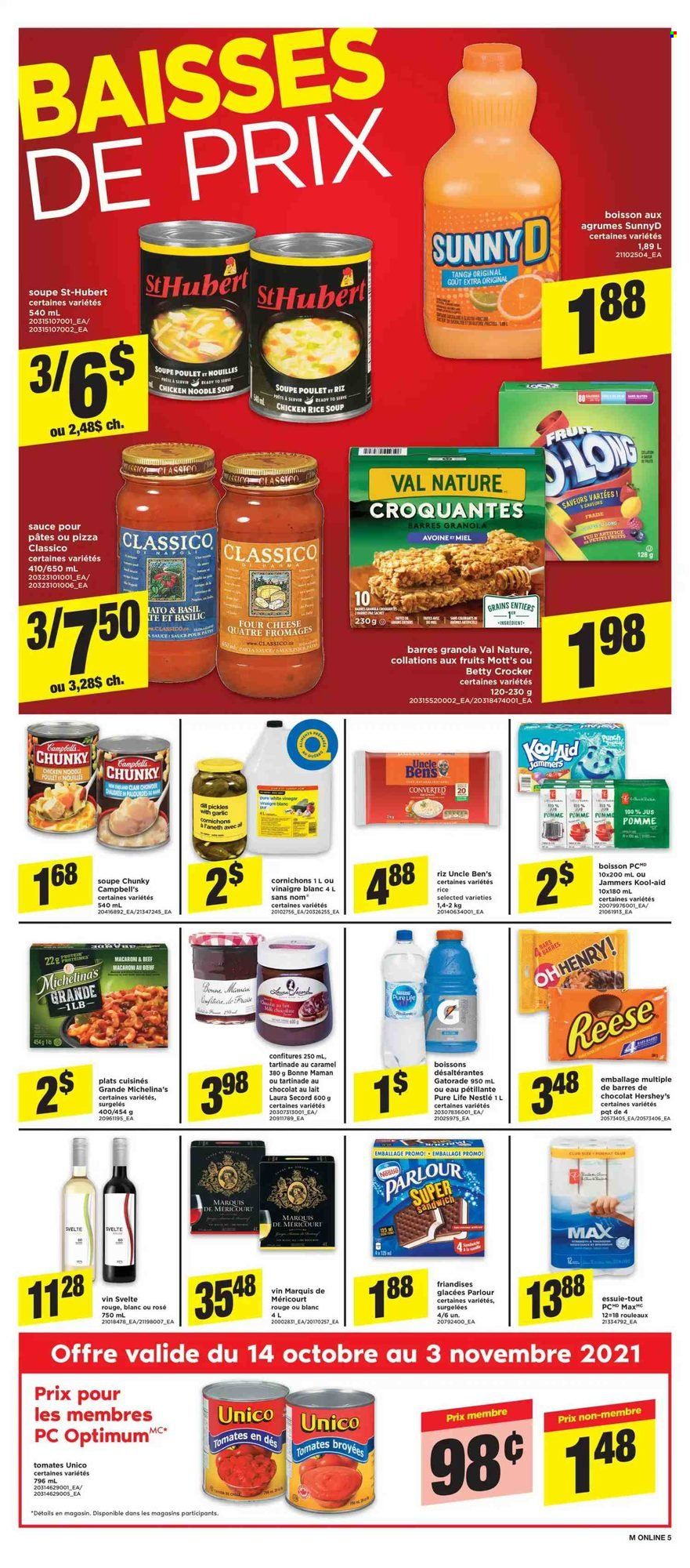 thumbnail - Maxi & Cie Flyer - October 14, 2021 - October 20, 2021 - Sales products - Mott's, Campbell's, pizza, sandwich, macaroni, soup, sauce, noodles cup, noodles, Hershey's, pickles, Uncle Ben's, caramel, Classico, Gatorade, rosé wine, punch, Nestlé, granola. Page 7.