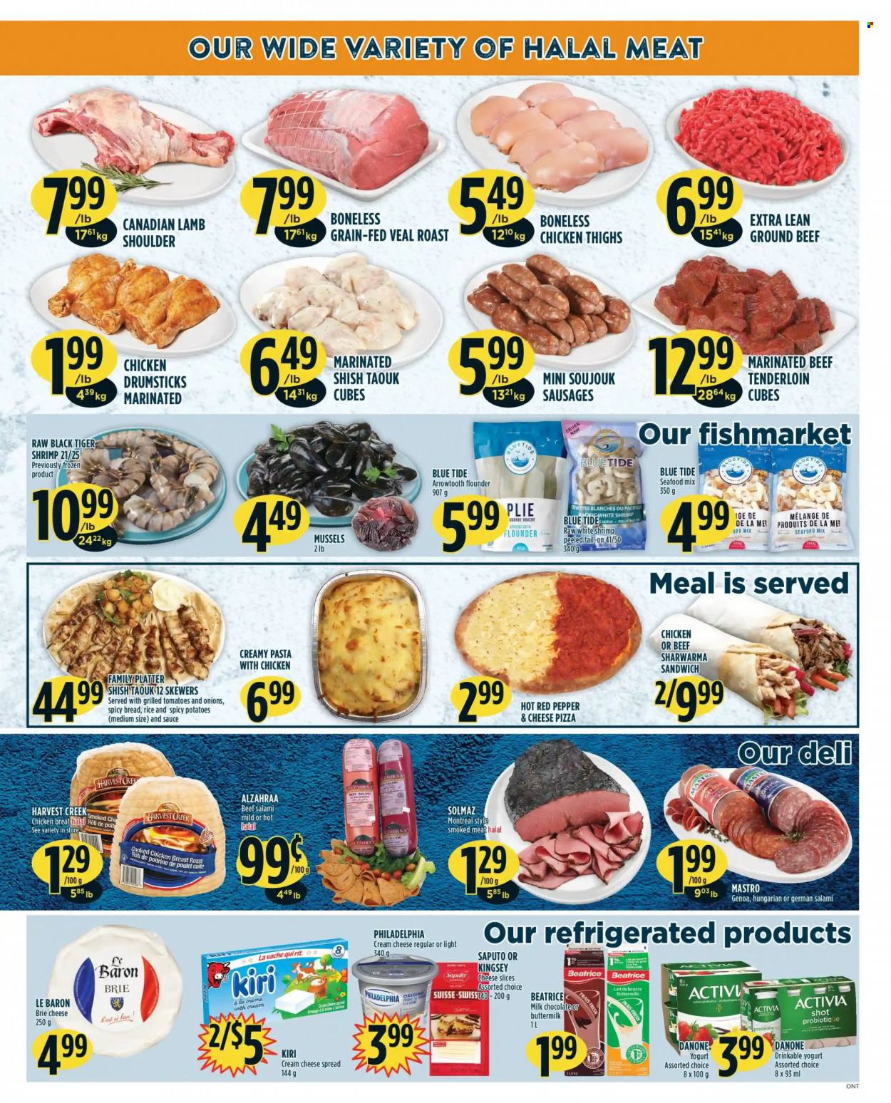 thumbnail - Adonis Flyer - October 14, 2021 - October 20, 2021 - Sales products - potatoes, flounder, mussels, seafood, shrimps, pizza, sandwich, sauce, salami, sausage, cheese spread, cream cheese, sliced cheese, brie, Kiri, The Laughing Cow, yoghurt, Activia, buttermilk, milk chocolate, chocolate, rice, chicken breasts, chicken thighs, chicken drumsticks, chicken, beef meat, ground beef, beef tenderloin, marinated beef, lamb meat, lamb shoulder, Tide, probiotics, Danone, Philadelphia. Page 3.