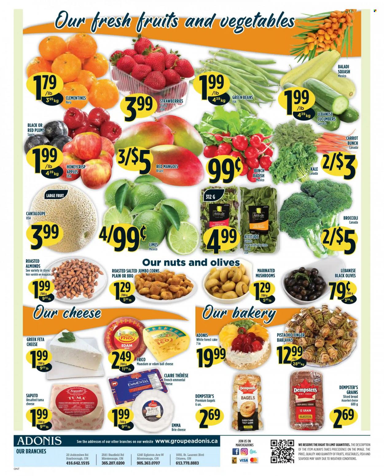 thumbnail - Adonis Flyer - October 14, 2021 - October 20, 2021 - Sales products - mushrooms, bagels, bread, cake, beans, broccoli, cantaloupe, cucumber, green beans, radishes, kale, apples, clementines, limes, mango, strawberries, plums, red plums, seafood, edam cheese, cheese, brie, feta, Maasdam, almonds, olives. Page 4.