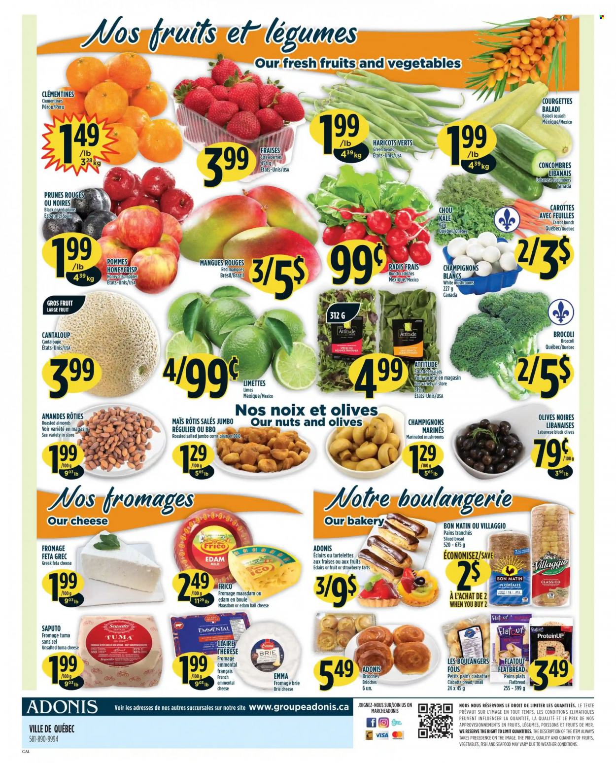 thumbnail - Adonis Flyer - October 14, 2021 - October 20, 2021 - Sales products - mushrooms, flatbread, beans, broccoli, cantaloupe, cucumber, green beans, radishes, kale, apples, clementines, limes, mango, seafood, edam cheese, cheese, brie, feta, Maasdam, Classico, almonds, prunes, dried fruit, ciabatta, olives. Page 4.