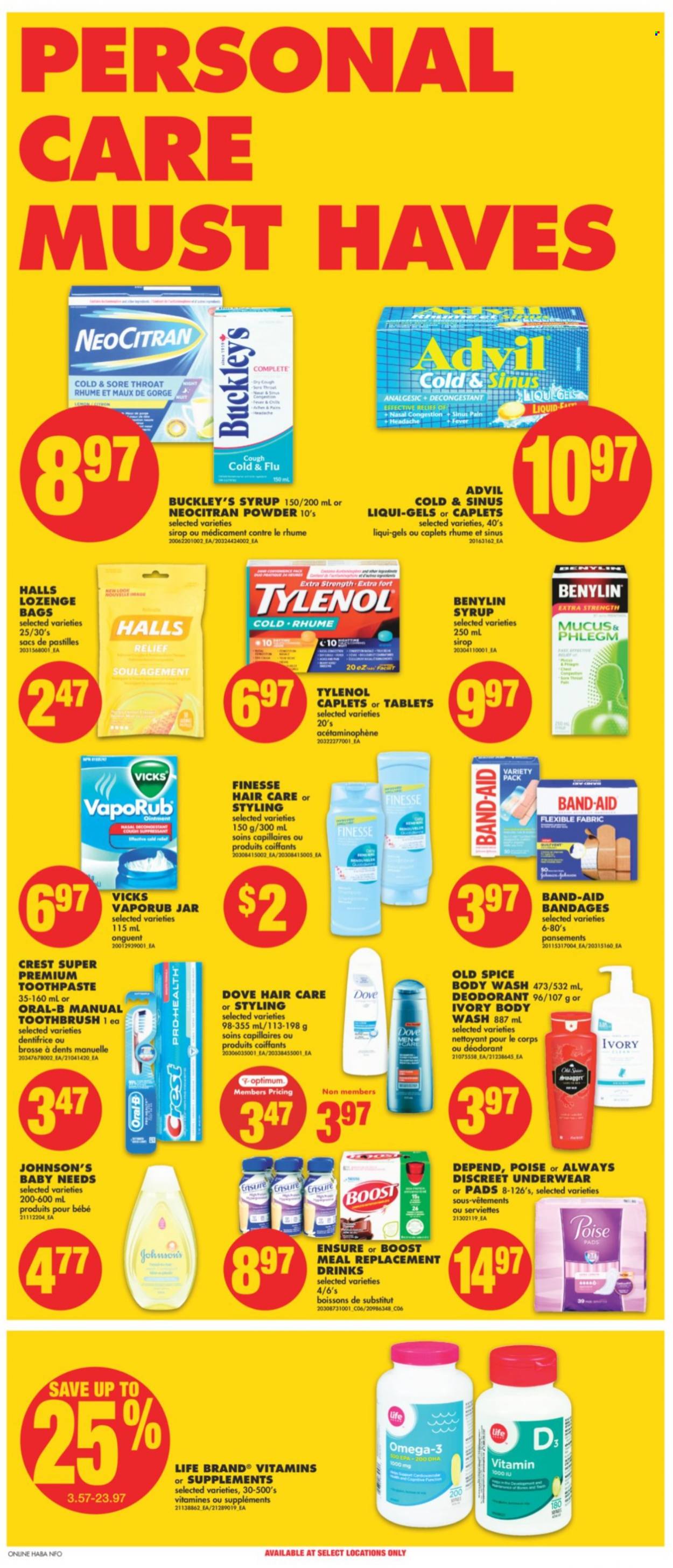 thumbnail - No Frills Flyer - October 14, 2021 - October 20, 2021 - Sales products - Halls, pastilles, spice, syrup, Boost, Johnson's, ointment, body wash, toothbrush, toothpaste, Crest, sanitary pads, Always Discreet, anti-perspirant, Vicks, bag, jar, Cold & Flu, Tylenol, Omega-3, Advil Rapid, VapoRub, Benylin, band-aid, Dove, Old Spice, Oral-B, deodorant. Page 8.