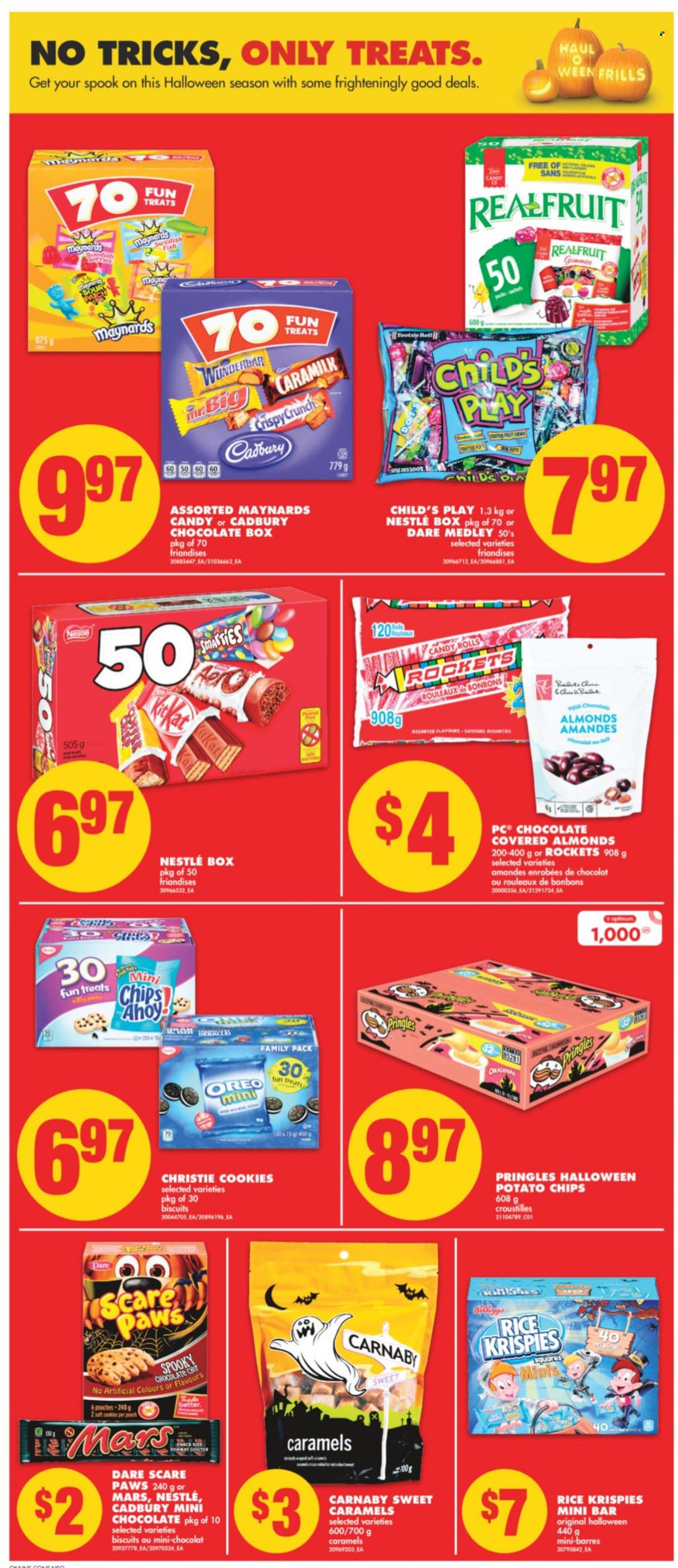 thumbnail - No Frills Flyer - October 14, 2021 - October 20, 2021 - Sales products - cookies, snack, Mars, biscuit, Cadbury, potato chips, Pringles, Rice Krispies, almonds, Paws, Optimum, Halloween, Oreo, Nestlé, chips. Page 9.
