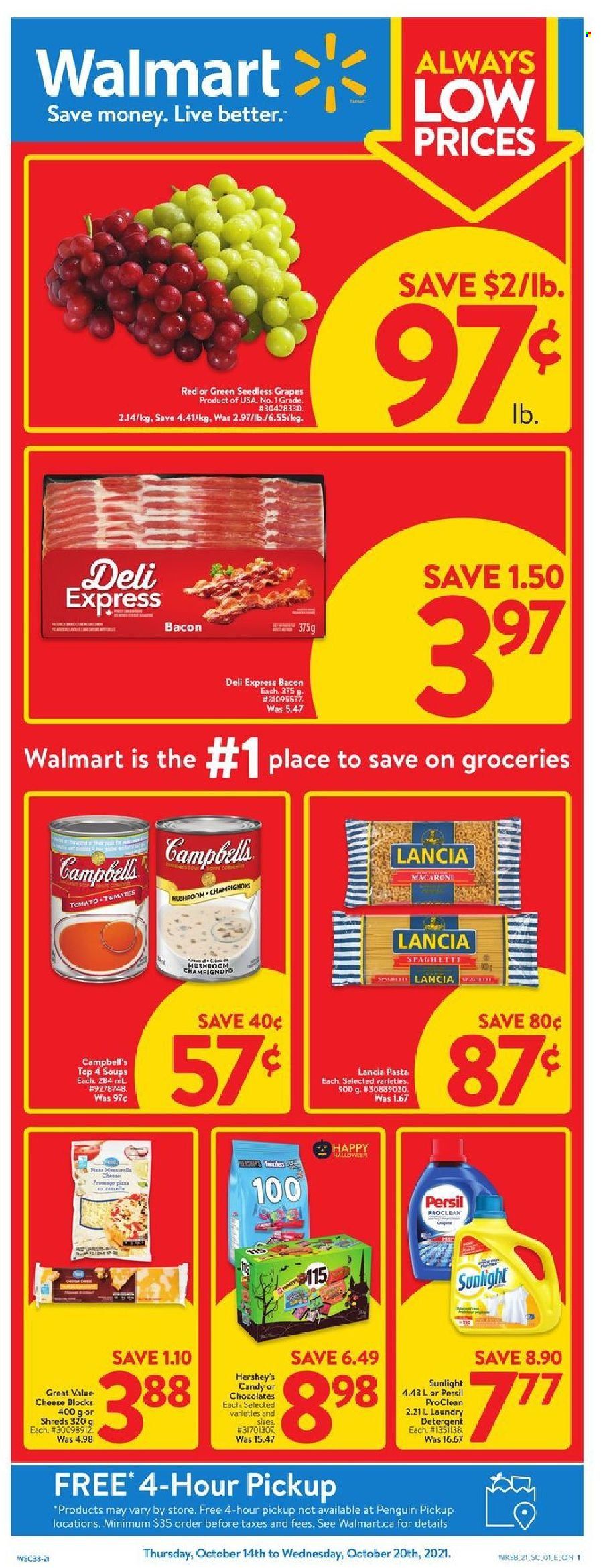 thumbnail - Walmart Flyer - October 14, 2021 - October 20, 2021 - Sales products - mushrooms, grapes, seedless grapes, Campbell's, spaghetti, macaroni, pasta, bacon, cheese, Hershey's, chocolate, L'Or, Persil, laundry detergent, Sunlight, penguin, detergent. Page 1.