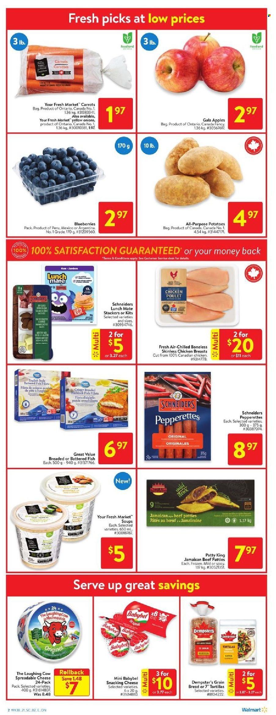 thumbnail - Walmart Flyer - October 14, 2021 - October 20, 2021 - Sales products - bread, tortillas, carrots, potatoes, apples, blueberries, Gala, fish fillets, haddock, fish, ham, cheese, The Laughing Cow, Babybel. Page 2.