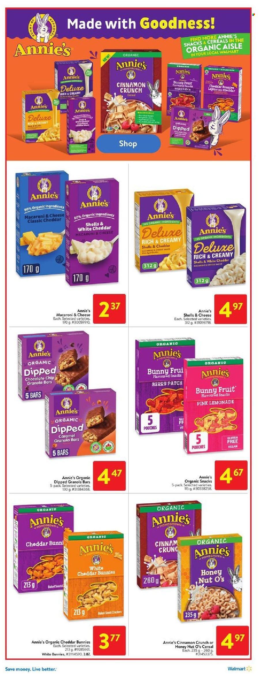 thumbnail - Walmart Flyer - October 14, 2021 - October 20, 2021 - Sales products - macaroni & cheese, Annie's, chocolate chips, snack, crackers, cereals, granola bar, cinnamon, caramel, lemonade. Page 4.