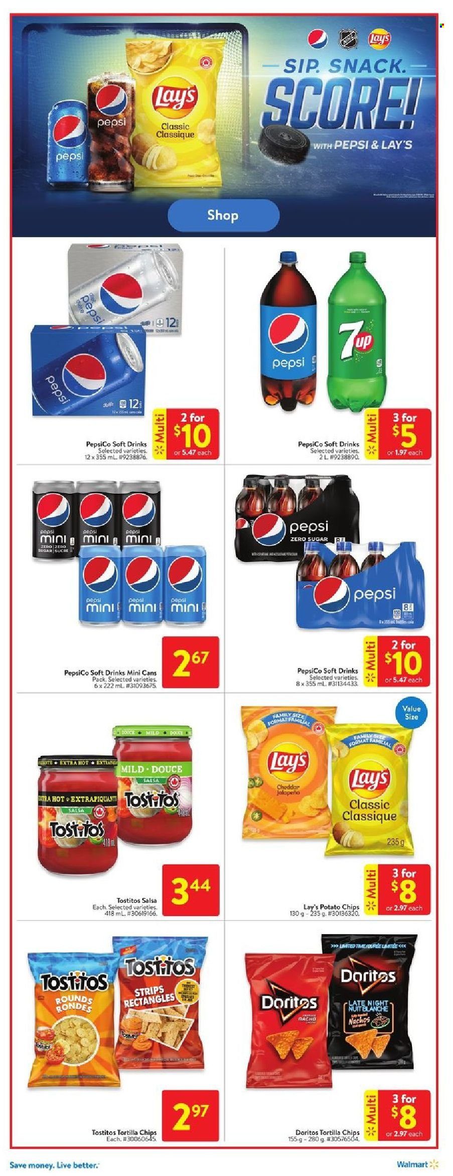 thumbnail - Walmart Flyer - October 14, 2021 - October 20, 2021 - Sales products - cheese, strips, snack, Doritos, tortilla chips, potato chips, Lay’s, Tostitos, salsa, Pepsi, soft drink, chips. Page 6.