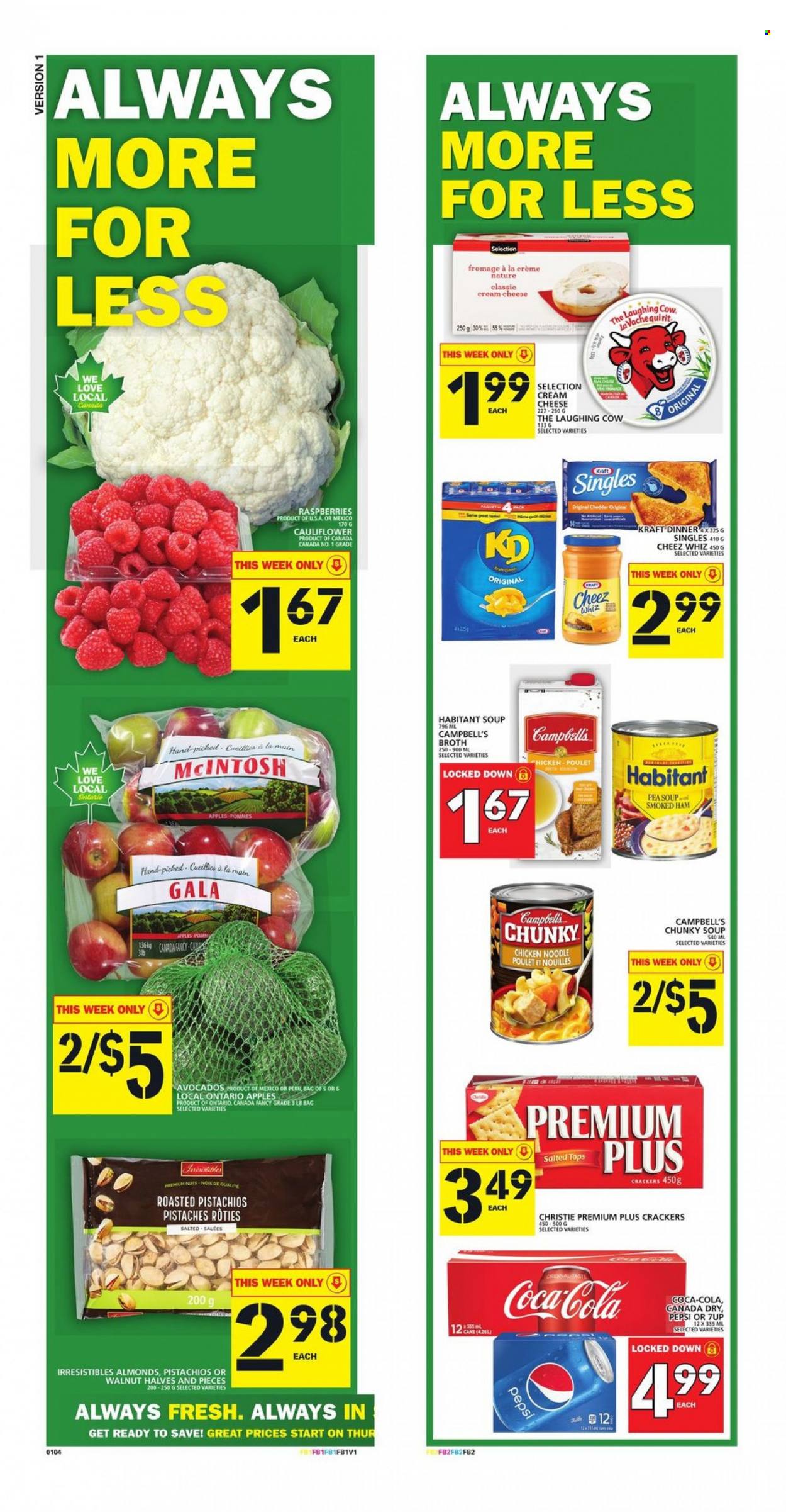 thumbnail - Food Basics Flyer - October 14, 2021 - October 20, 2021 - Sales products - apples, avocado, Gala, Campbell's, soup, noodles, Kraft®, ham, smoked ham, cream cheese, sandwich slices, cheddar, cheese, The Laughing Cow, Kraft Singles, crackers, broth, almonds, walnuts, pistachios, Canada Dry, Coca-Cola, Pepsi, 7UP. Page 2.