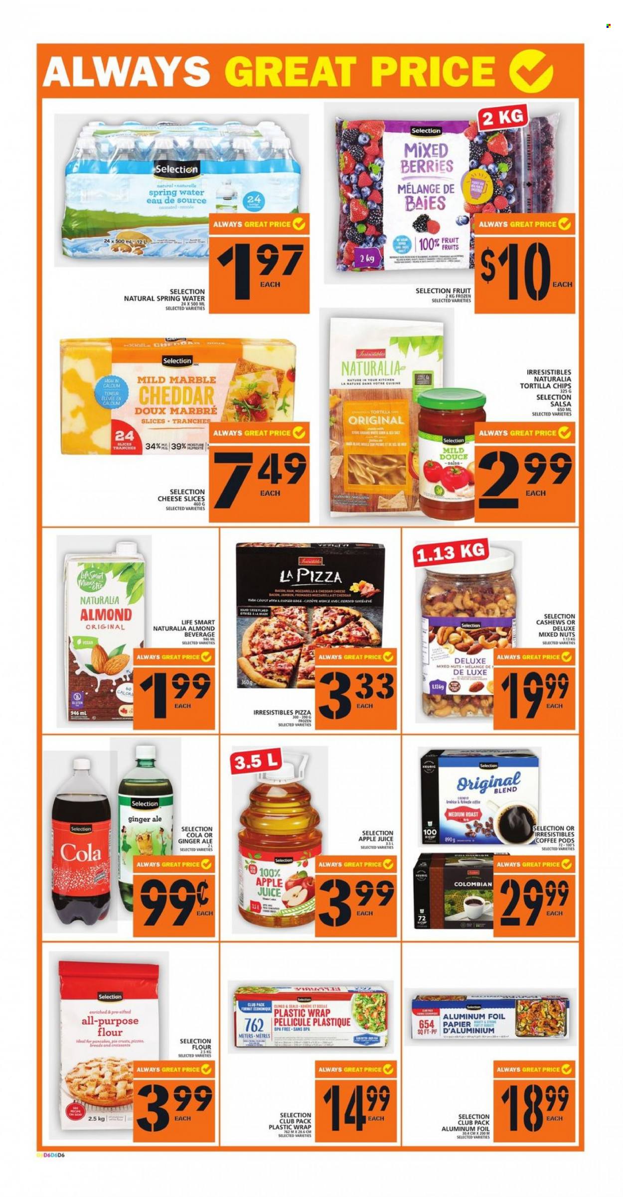 thumbnail - Food Basics Flyer - October 14, 2021 - October 20, 2021 - Sales products - pie, pizza, bacon, ham, sliced cheese, tortilla chips, salsa, cashews, mixed nuts, apple juice, ginger ale, juice, spring water, coffee pods, Keurig, aluminium foil. Page 9.