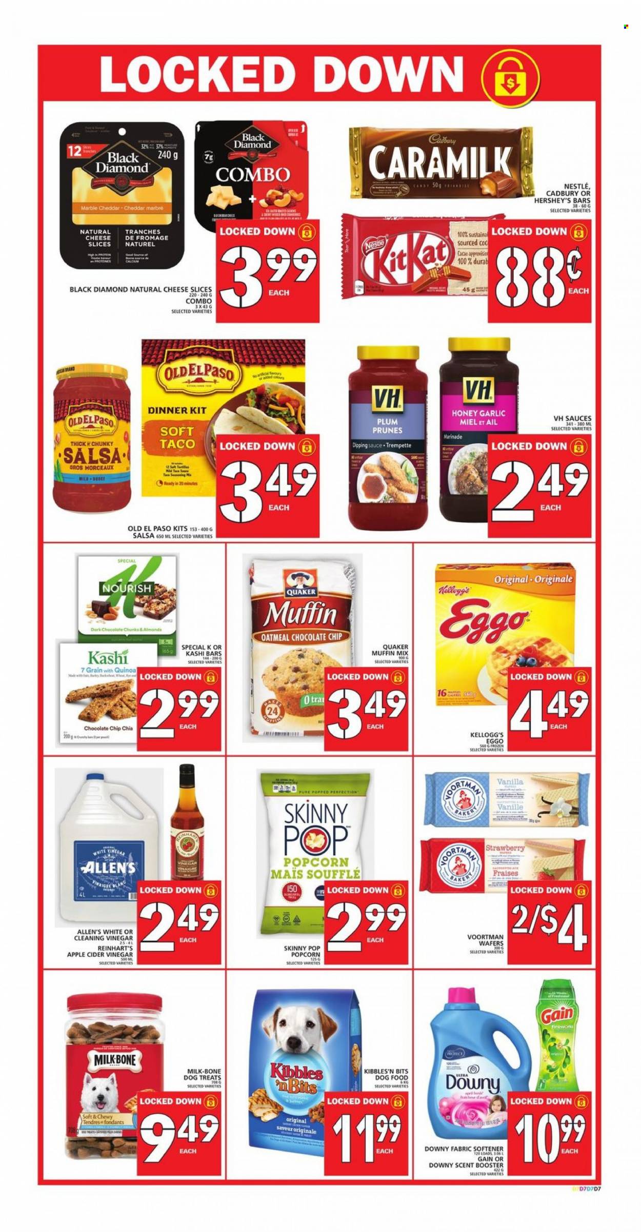 thumbnail - Food Basics Flyer - October 14, 2021 - October 20, 2021 - Sales products - pie, Old El Paso, muffin mix, garlic, dinner kit, Quaker, sliced cheese, cheddar, cheese, milk, Hershey's, wafers, chocolate chips, Kellogg's, Cadbury, popcorn, Skinny Pop, oatmeal, salsa, marinade, apple cider vinegar, vinegar, honey, almonds, prunes, dried fruit, Gain, fabric softener, Downy Laundry, animal food, dog food, Nestlé, quinoa. Page 10.