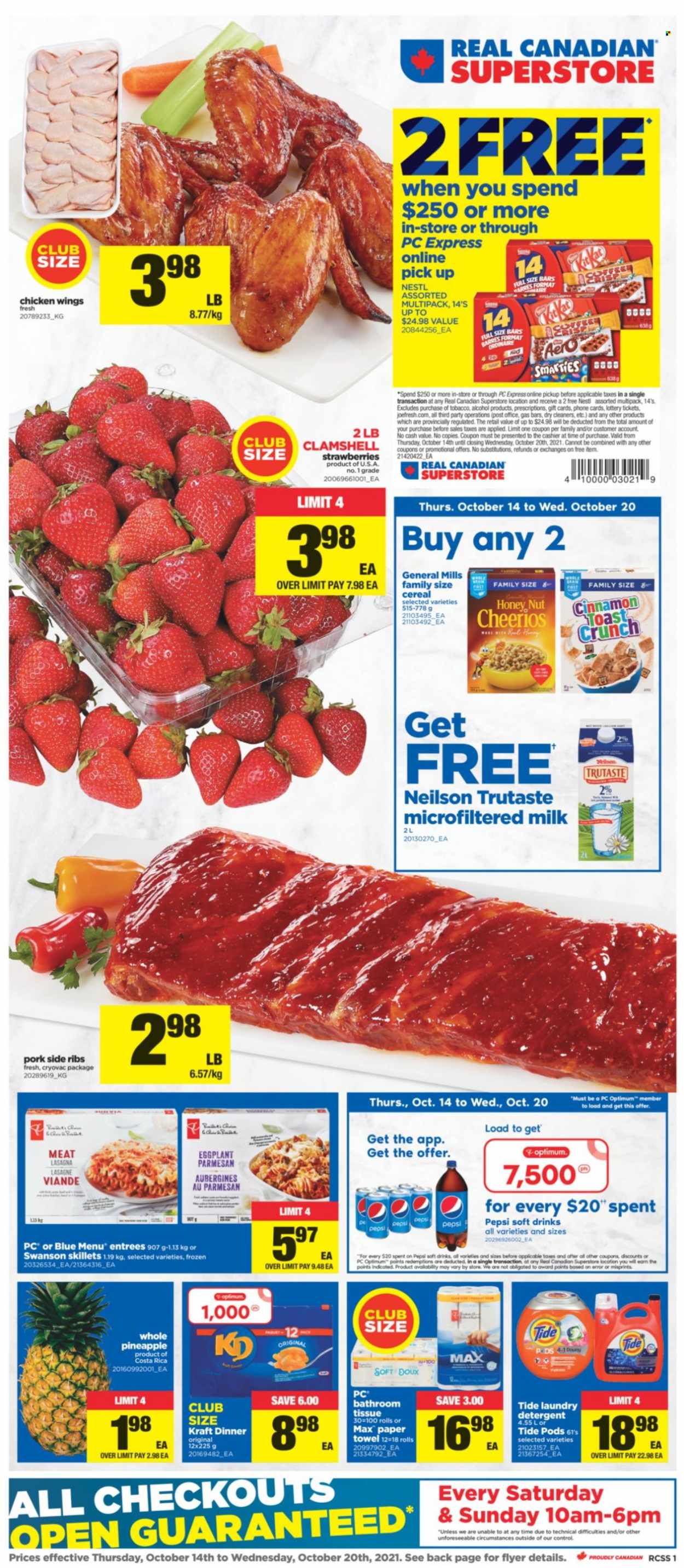thumbnail - Real Canadian Superstore Flyer - October 14, 2021 - October 20, 2021 - Sales products - eggplant, pineapple, lasagna meal, Kraft®, parmesan, milk, chicken wings, cereals, Cheerios, cinnamon, Pepsi, soft drink, L'Or, alcohol, bath tissue, paper towels, Tide, laundry detergent, Optimum, detergent, Smarties. Page 1.