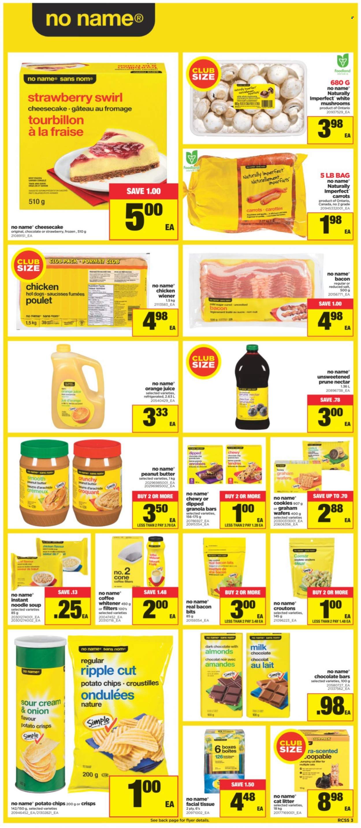 thumbnail - Real Canadian Superstore Flyer - October 14, 2021 - October 20, 2021 - Sales products - mushrooms, cheesecake, carrots, No Name, hot dog, soup, noodles cup, noodles, bacon bits, cookies, milk chocolate, wafers, toffee, dark chocolate, chocolate bar, potato crisps, potato chips, croutons, sugar, granola bar, honey, orange juice, juice, tissues, cat litter. Page 3.