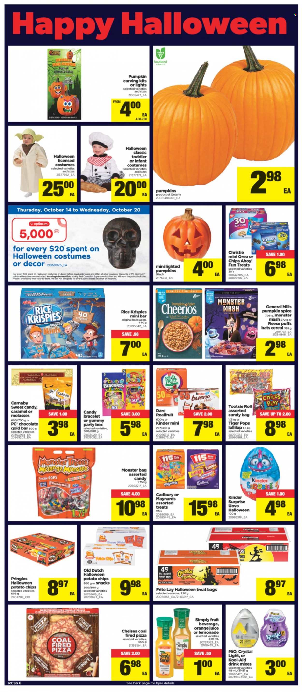 thumbnail - Real Canadian Superstore Flyer - October 14, 2021 - October 20, 2021 - Sales products - puffs, chocolate, Kinder Surprise, Kinder Bueno, Cadbury, Chips Ahoy!, potato chips, Pringles, cereals, Cheerios, Rice Krispies, spice, molasses, almonds, lemonade, orange juice, juice, Monster, Optimum, Halloween, costume, sticker, chips. Page 6.
