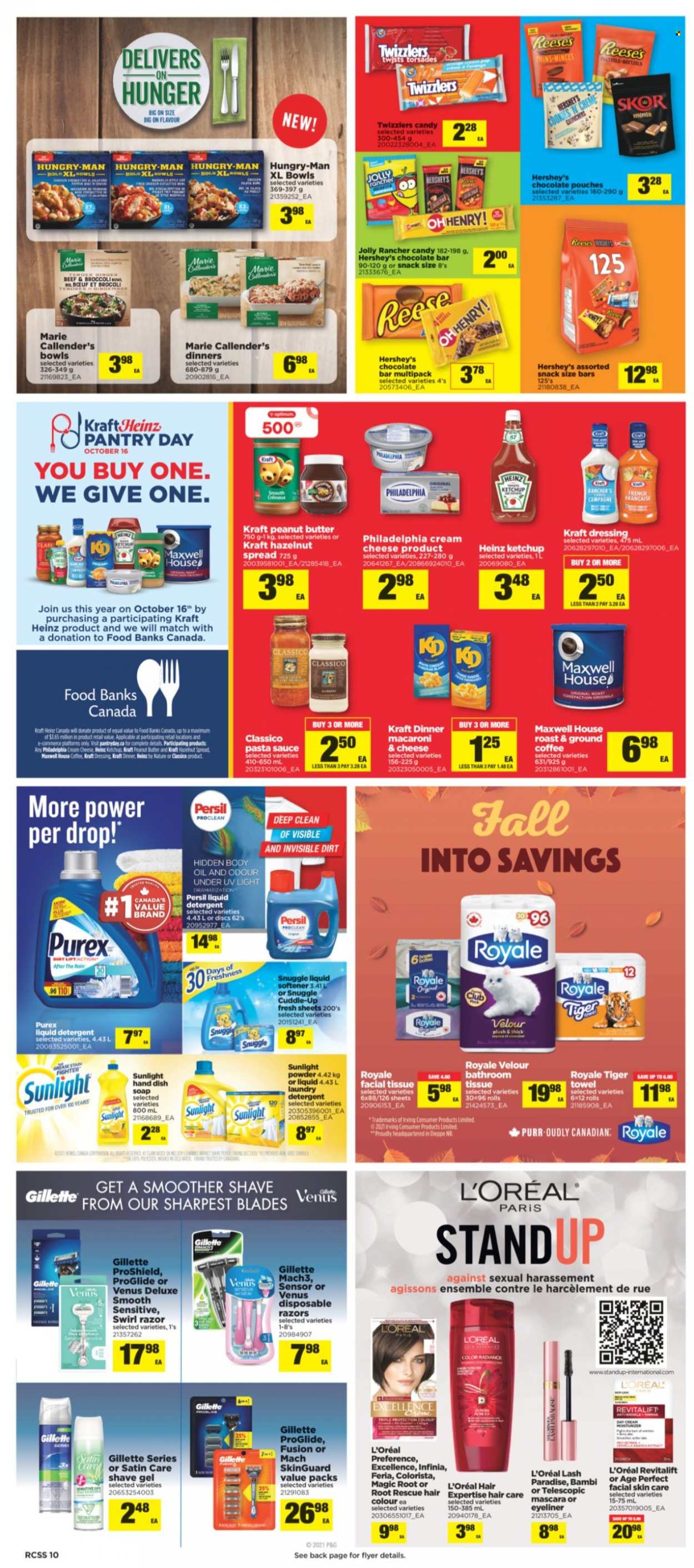 thumbnail - Real Canadian Superstore Flyer - October 14, 2021 - October 20, 2021 - Sales products - broccoli, corn, macaroni & cheese, pasta sauce, sauce, Marie Callender's, Kraft®, cream cheese, Reese's, Hershey's, cookies, chocolate bar, Thins, Heinz, dressing, Classico, peanut butter, hazelnut spread, Maxwell House, coffee, ground coffee, L'Or, bath tissue, Snuggle, Persil, fabric softener, liquid detergent, laundry detergent, Sunlight, Purex, soap, day cream, L’Oréal, body oil, razor, shave gel, Venus, mascara, eyeliner, towel, Optimum, detergent, Gillette, ketchup, Philadelphia. Page 10.