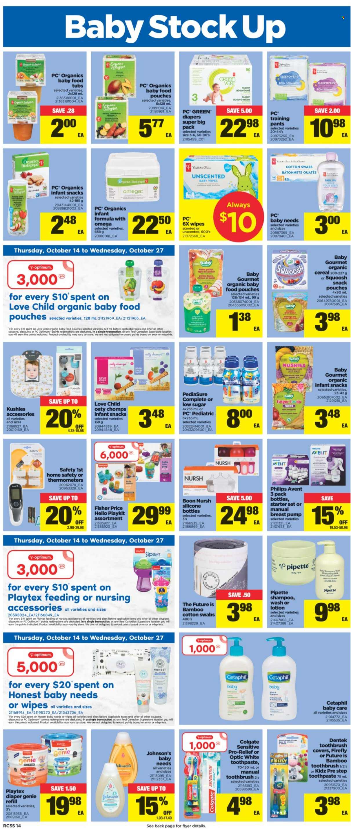 thumbnail - Real Canadian Superstore Flyer - October 14, 2021 - October 20, 2021 - Sales products - Philips, rusks, snack, cereals, oil, organic baby food, wipes, pants, baby wipes, nappies, Johnson's, baby pants, toothbrush, toothpaste, Playtex, body lotion, Optimum, breast pump, Philips Avent, pump, safety 1st, Colgate, shampoo. Page 14.