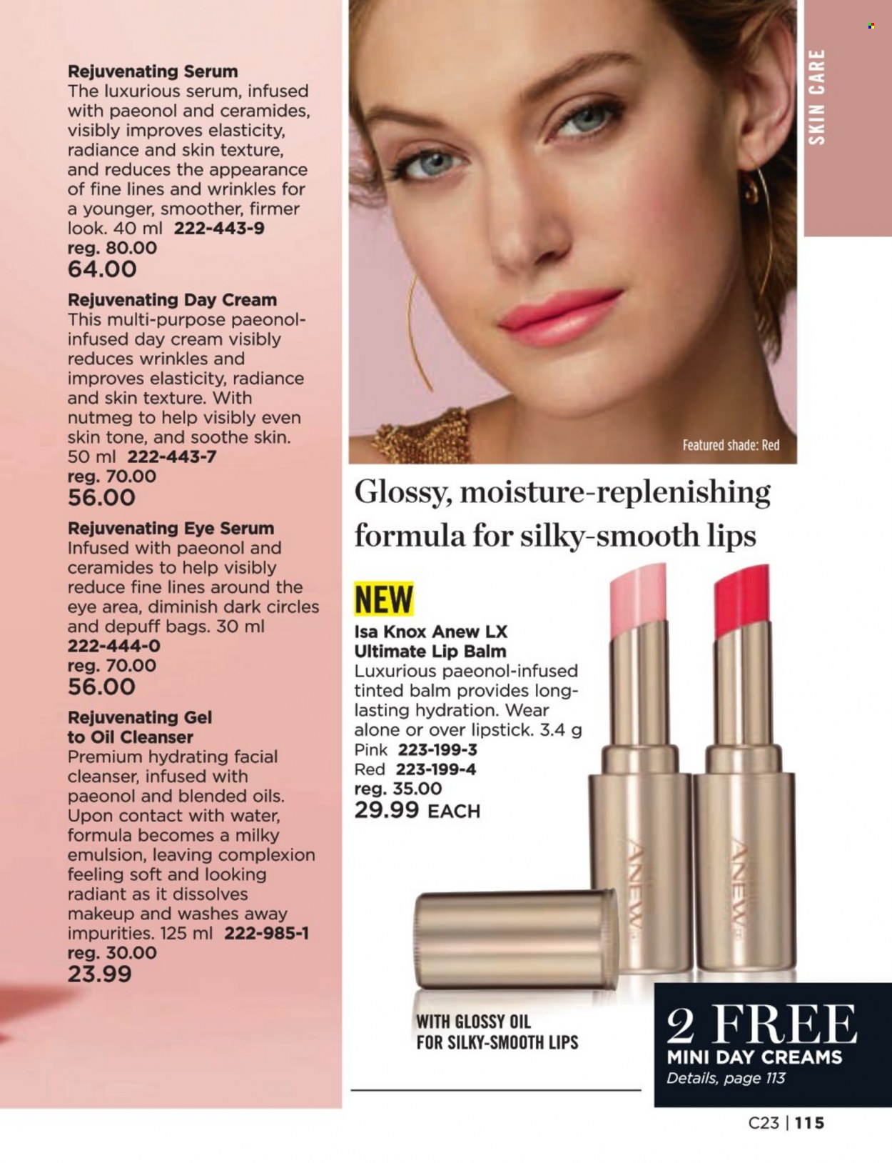 thumbnail - Avon Flyer - Sales products - Anew, cleanser, day cream, lip balm, serum, regenerating serum, lipstick, makeup. Page 115.
