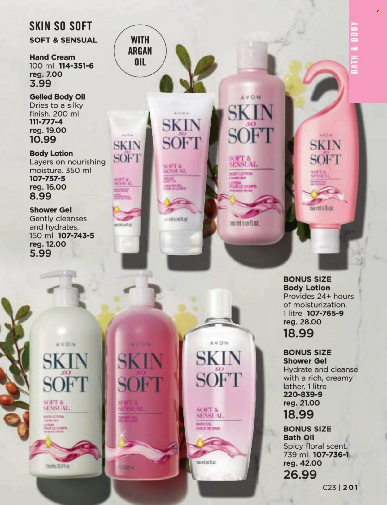 thumbnail - Avon Flyer - Sales products - bath oil, shower gel, Avon, Skin So Soft, body lotion, body oil, hand cream. Page 201.