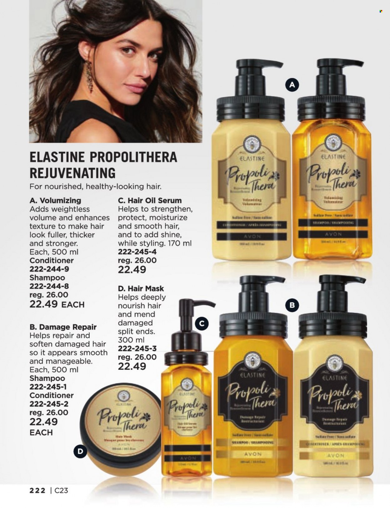 thumbnail - Avon Flyer - Sales products - Avon, serum, conditioner, hair oil, hair mask, shampoo. Page 222.