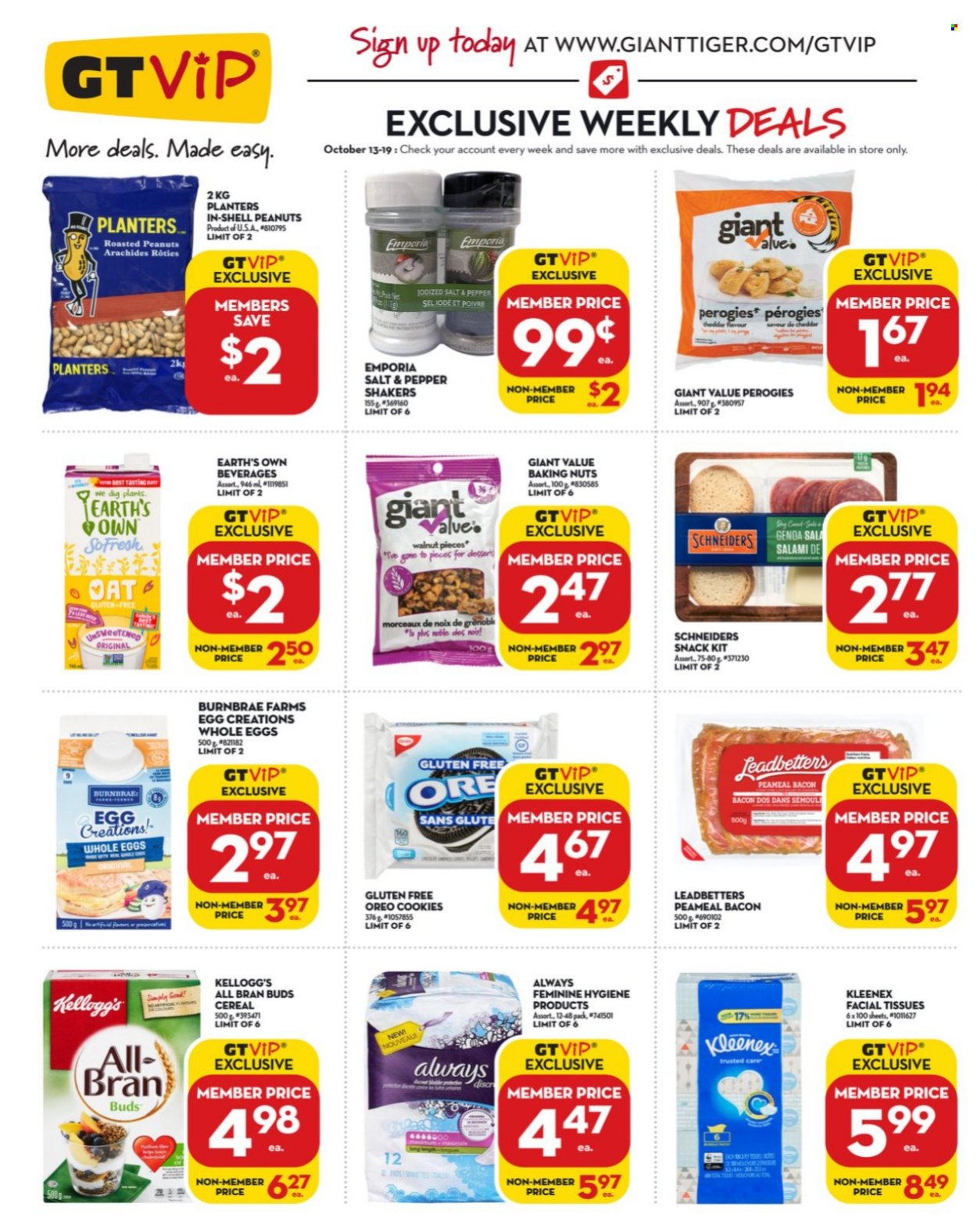 thumbnail - Giant Tiger Flyer - October 13, 2021 - October 19, 2021 - Sales products - bacon, salami, cheddar, cheese, eggs, cookies, snack, Kellogg's, oats, cereals, All-Bran, roasted peanuts, walnuts, peanuts, Planters, Kleenex, tissues, facial tissues, Shell, Oreo. Page 6.