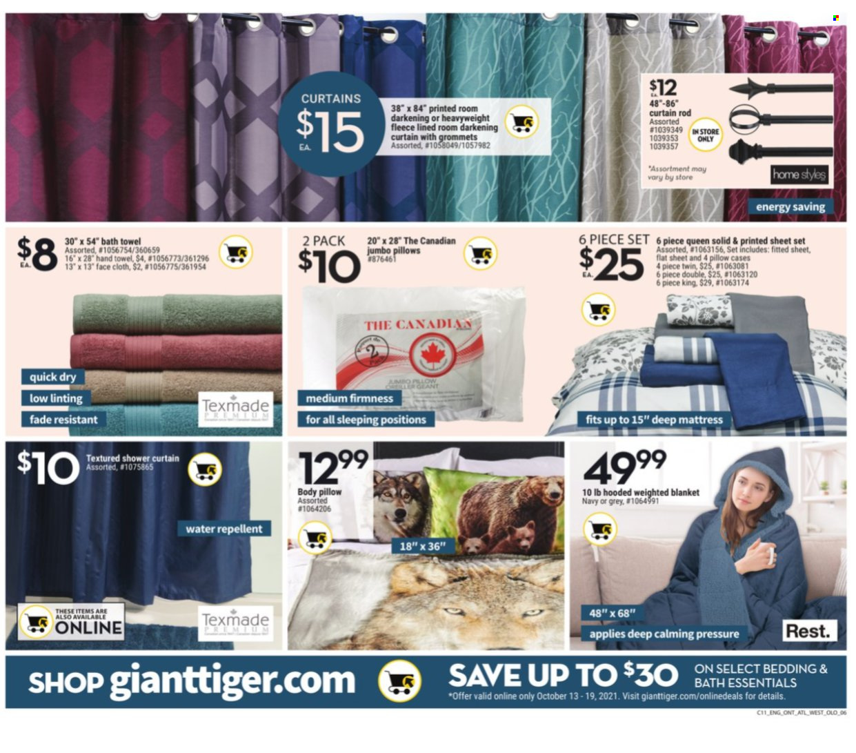 thumbnail - Giant Tiger Flyer - October 13, 2021 - October 19, 2021 - Sales products - repellent, quick dry, shower curtain, bedding, blanket, pillow, curtain, bath towel, towel, hand towel, facecloth, weighted blanket, mattress, curtain rod. Page 6.