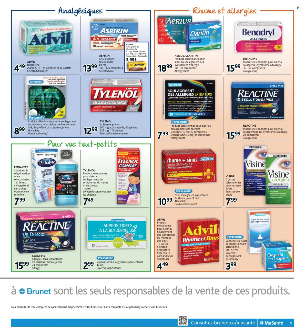 thumbnail - Brunet Flyer - October 14, 2021 - October 20, 2021 - Sales products - pain relief, Tylenol, Ibuprofen, eye drops, Advil Rapid, aspirin, Bayer, nasal spray, allergy relief. Page 5.