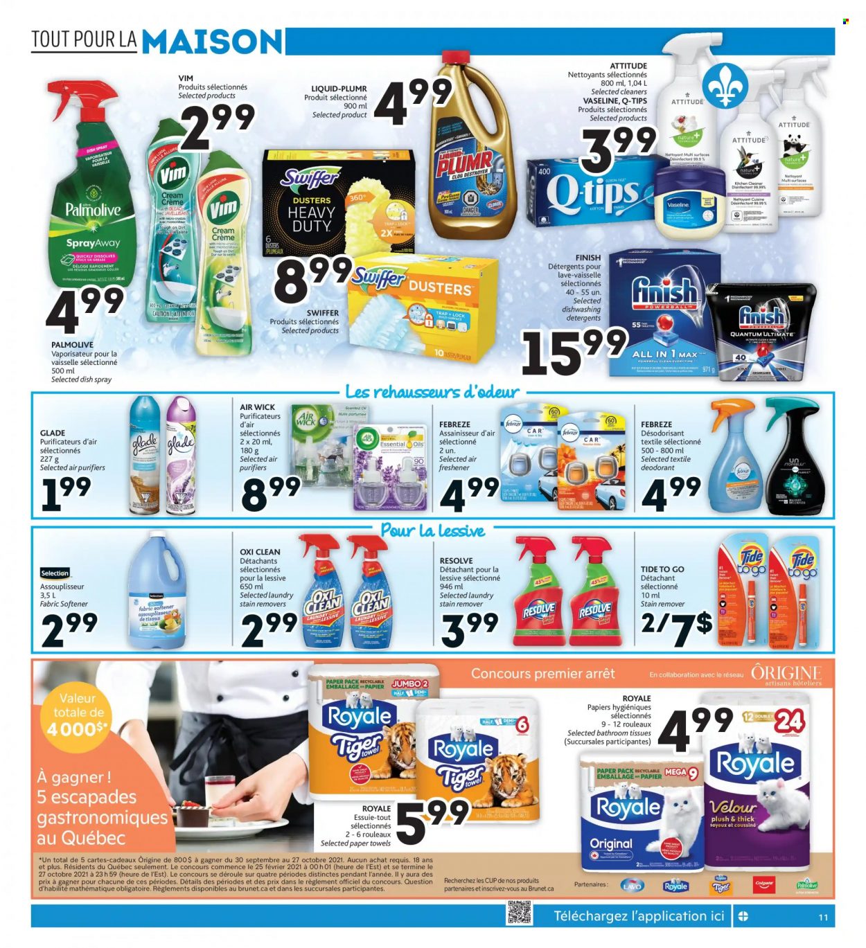 thumbnail - Brunet Flyer - October 14, 2021 - October 20, 2021 - Sales products - toilet paper, tissues, kitchen towels, paper towels, Febreze, cleaner, bleach, stain remover, Swiffer, Tide, fabric softener, Palmolive, Vaseline, anti-perspirant, Colgate, desinfection, deodorant. Page 11.